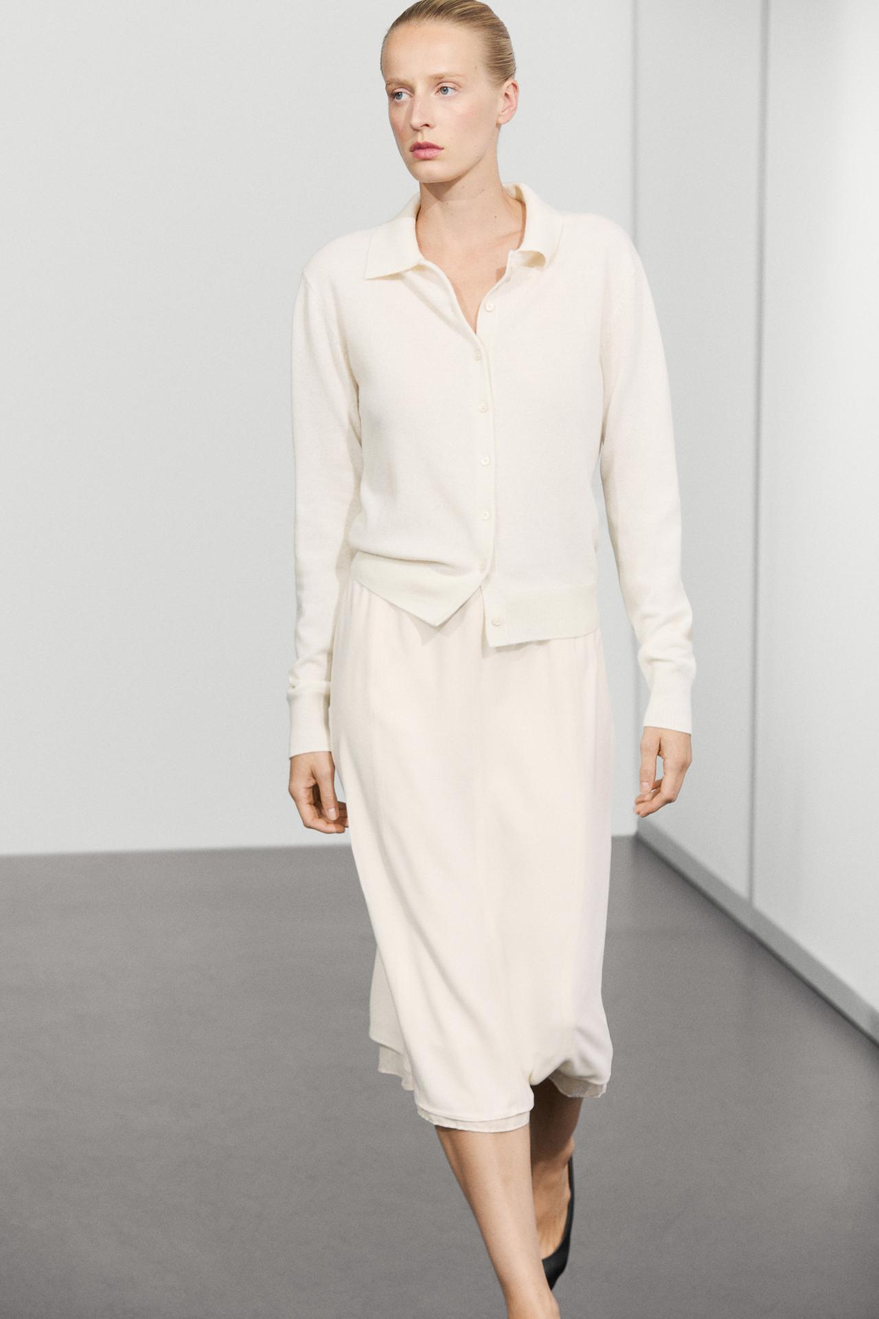 100% cashmere knit polo collar cardigan — CREAM