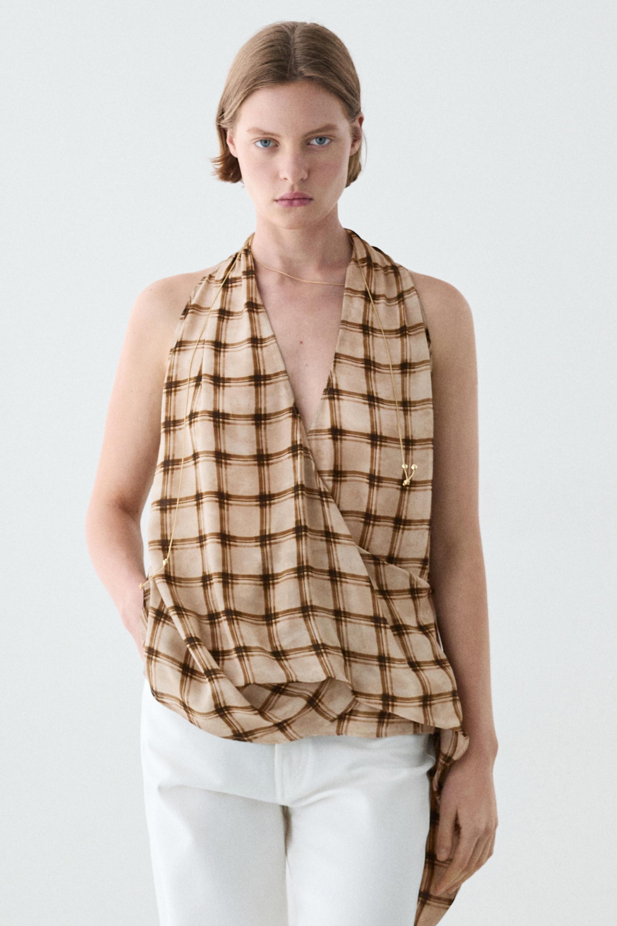 Flowing check print surplice top — BROWN
