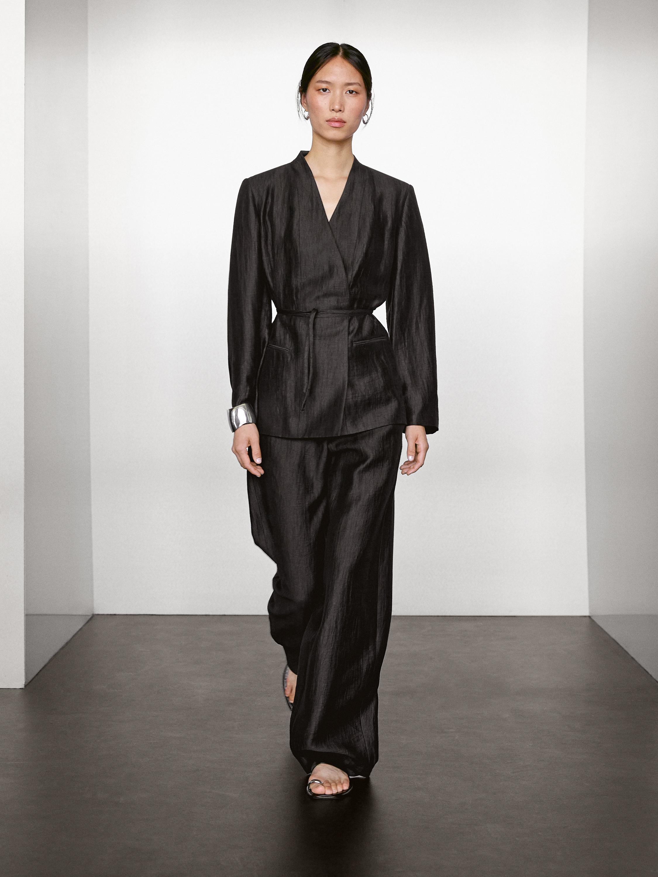 Kimono con allacciatura in misto lino