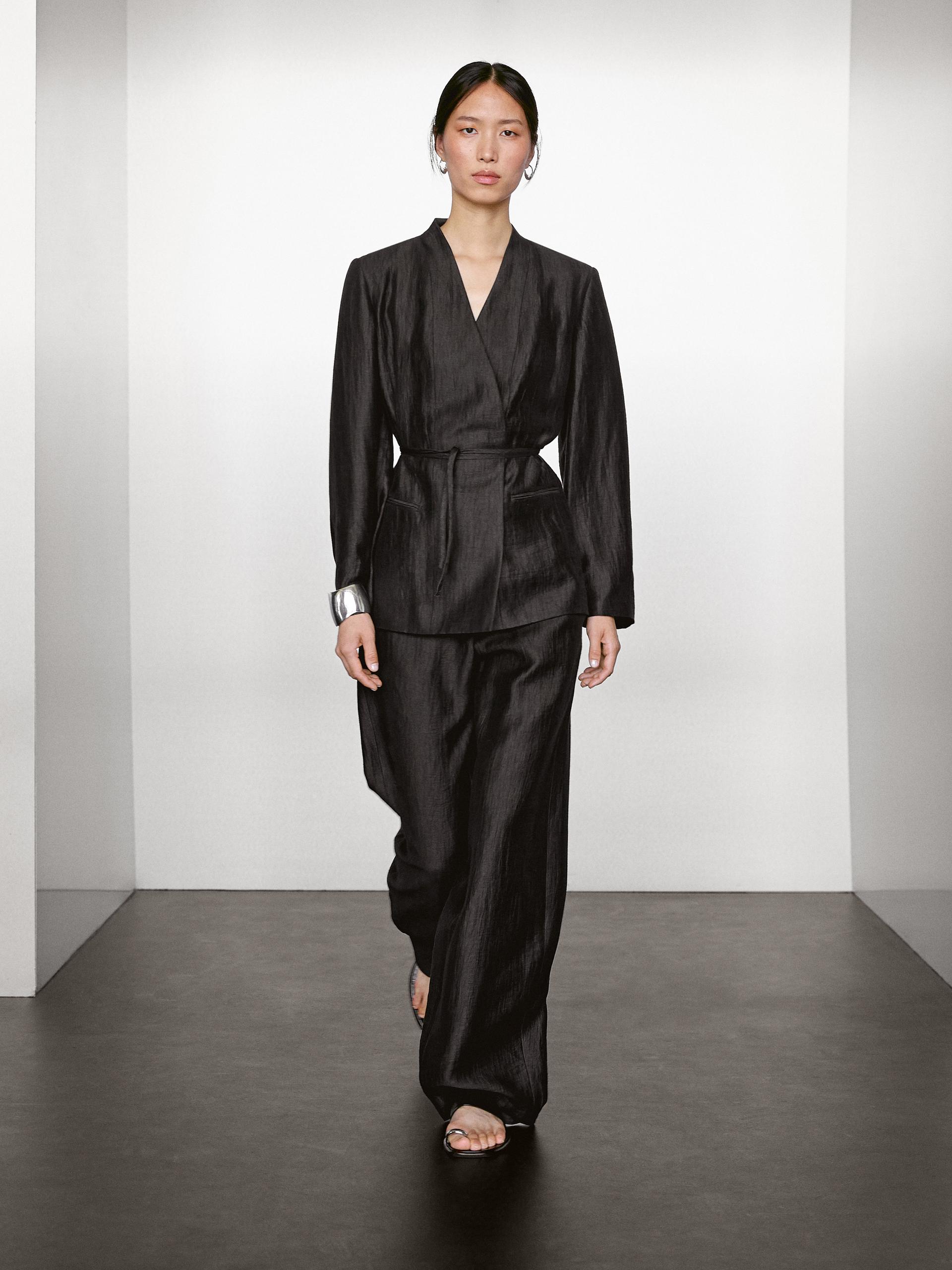 Massimo Dutti Linen Blend Kimono With Tie Detail In Black