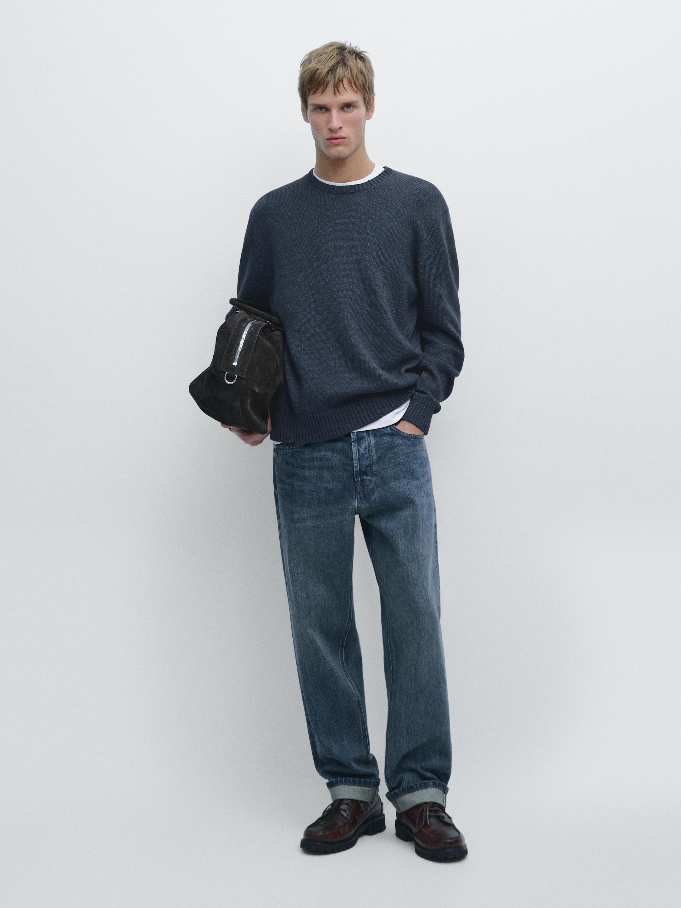 Denim-effect crew neck knit sweater — NAVY BLUE