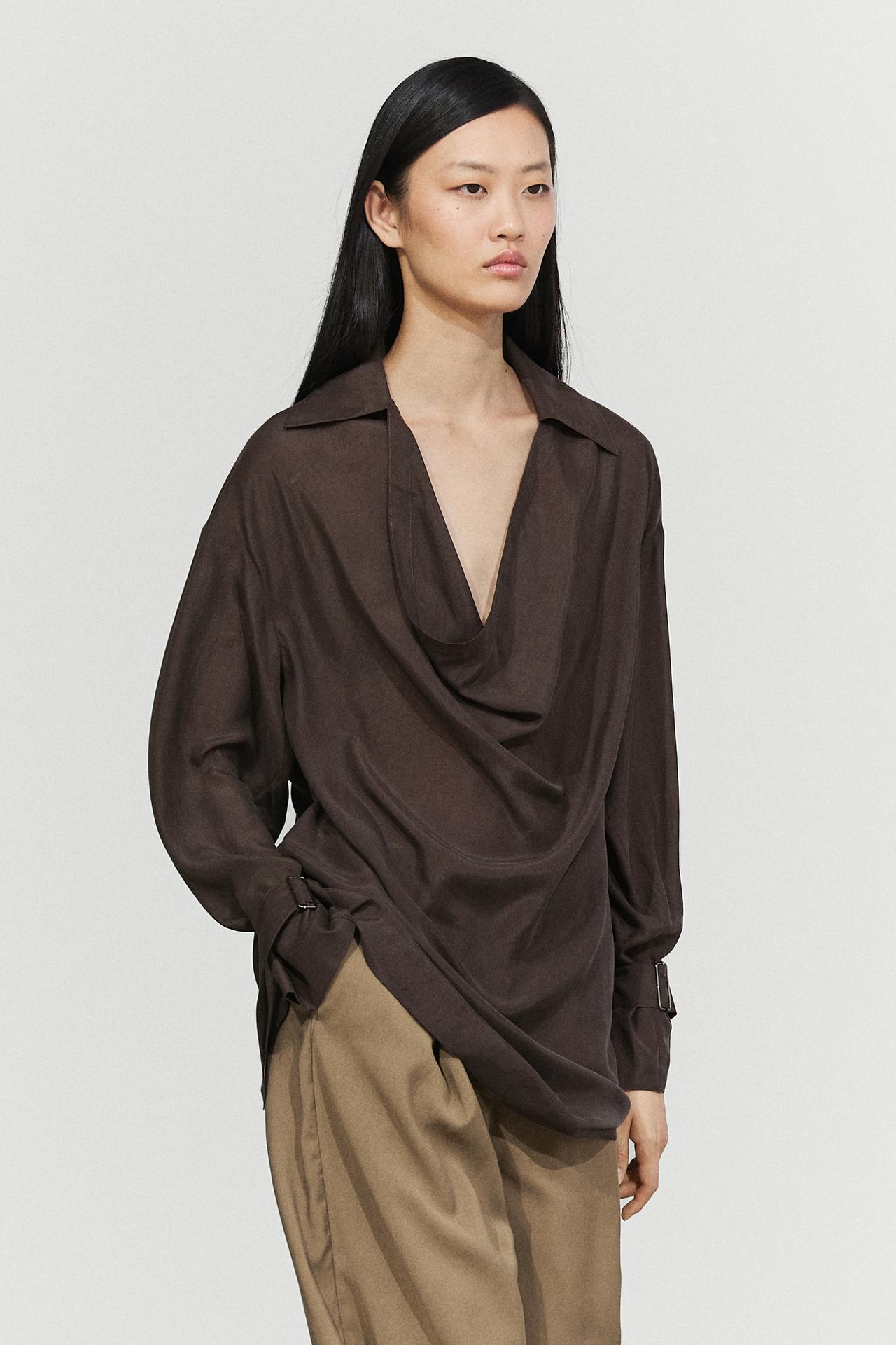 100% silk flowing blouse with draped neckline — BROWN