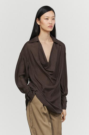 100% silk flowing blouse with draped neckline — BROWN 3