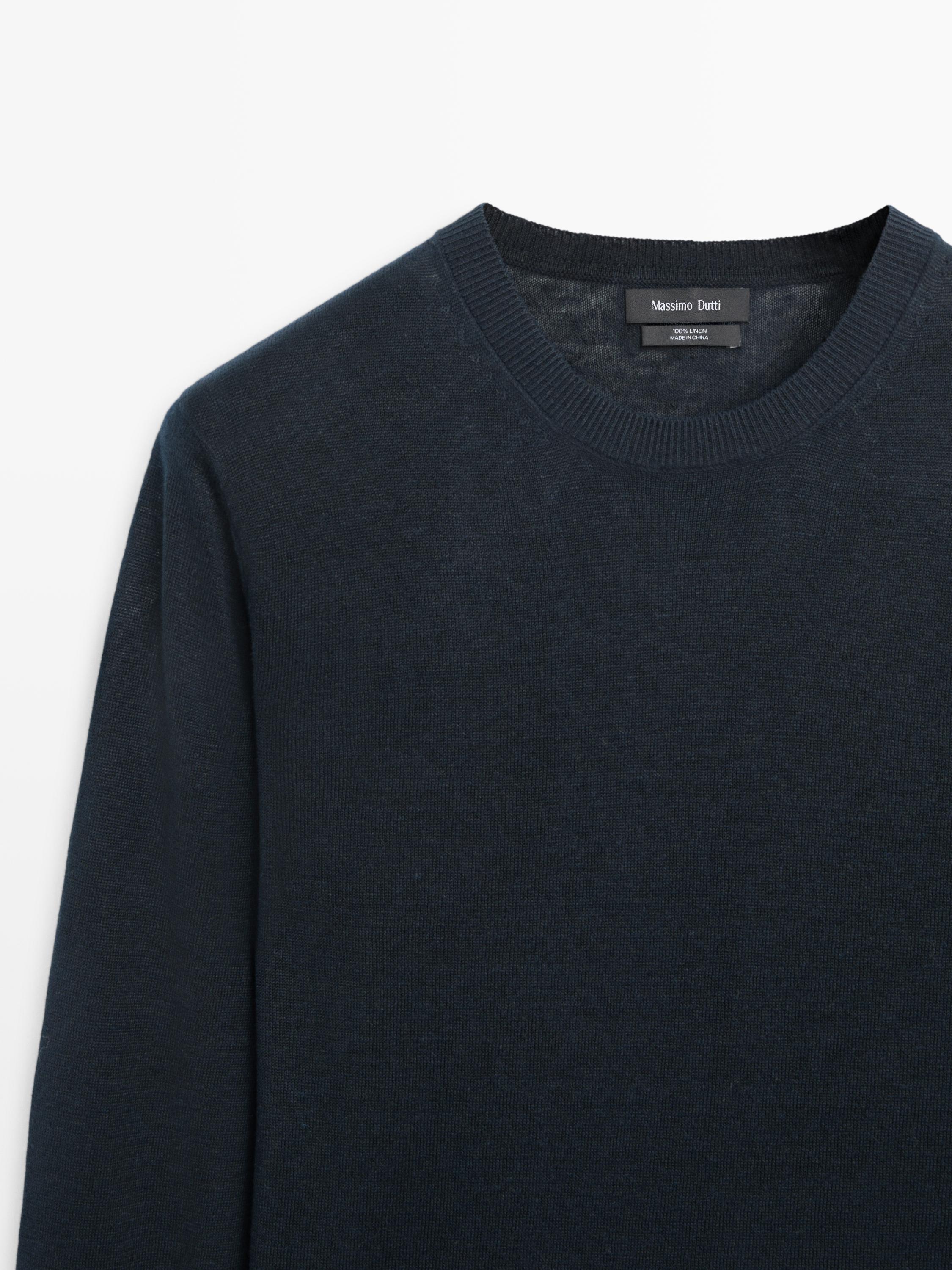 100% linen knit crew neck sweater — NAVY BLUE