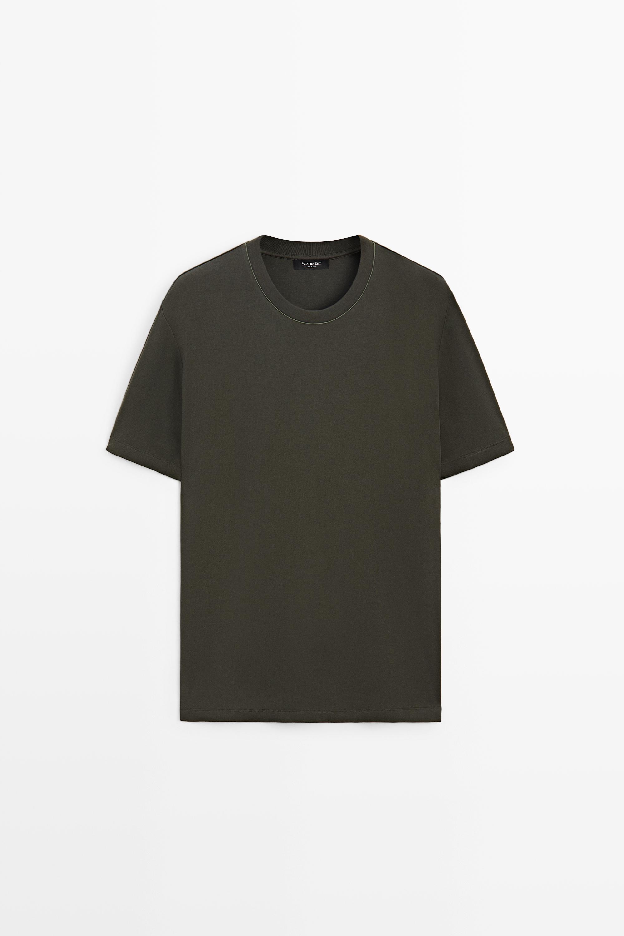 Contrast neck short sleeve T-shirt — DARK KHAKI