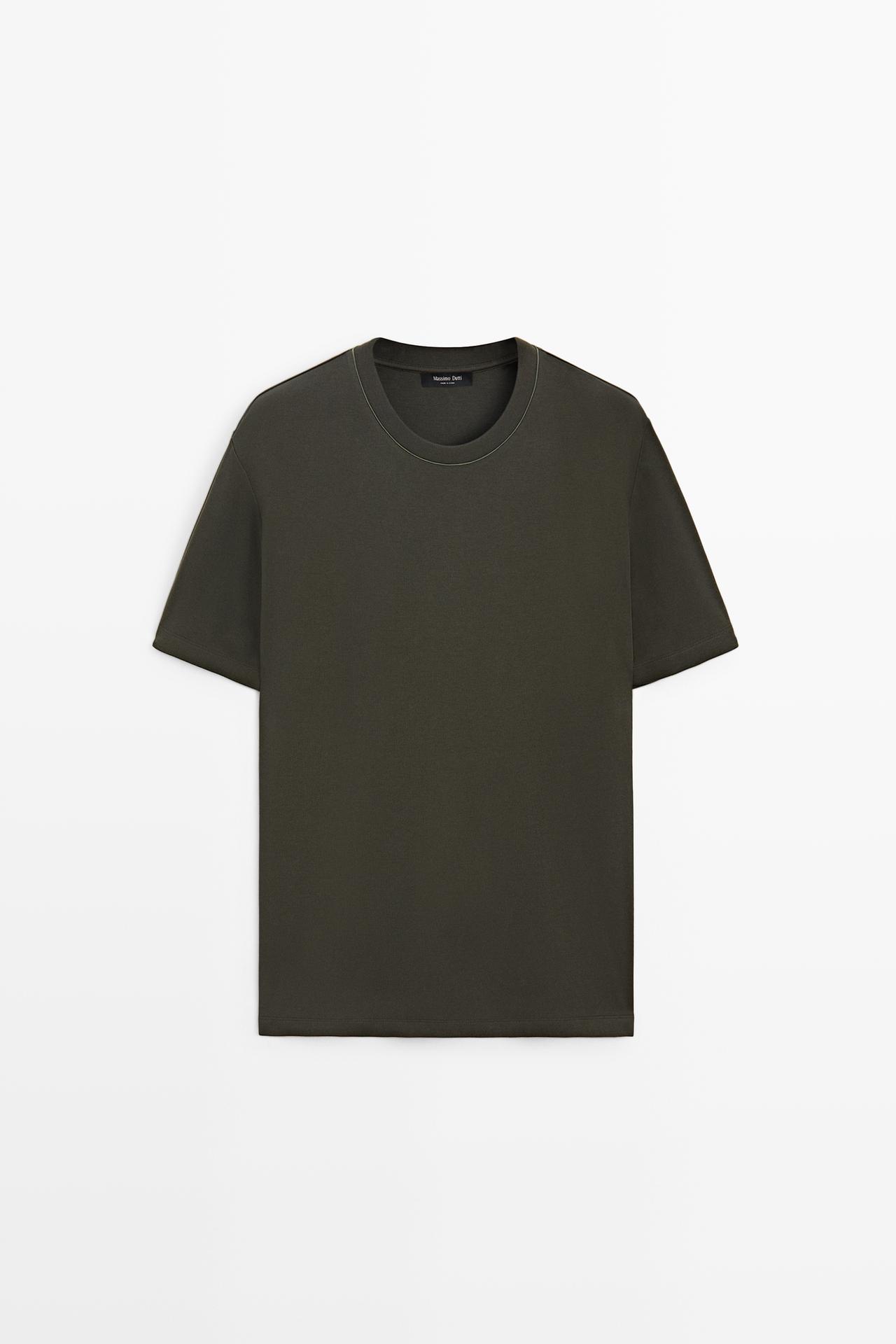 Contrast neck short sleeve T-shirt — DARK KHAKI