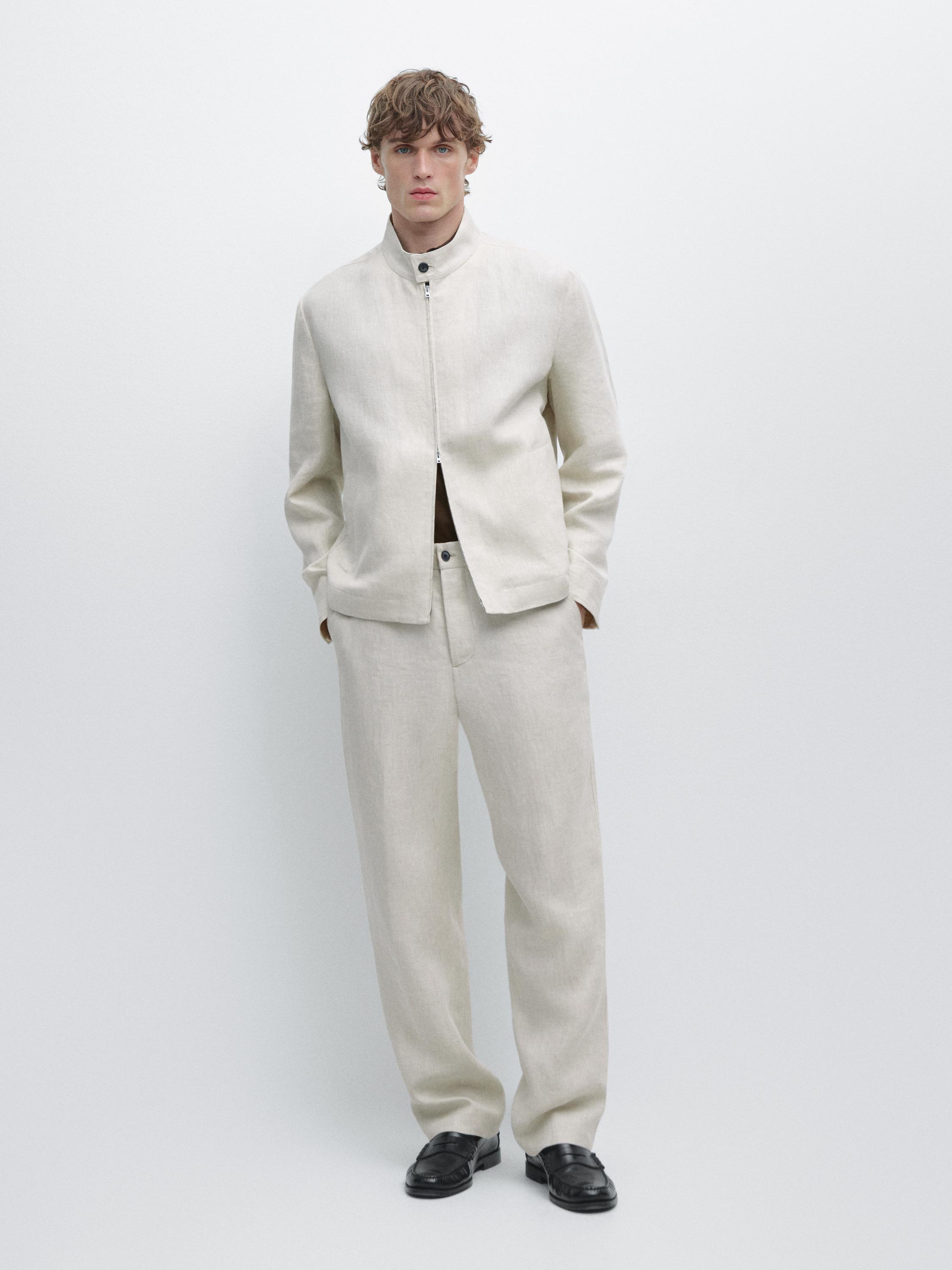 Lightweight linen trousers with herringbone detail — BEIGE