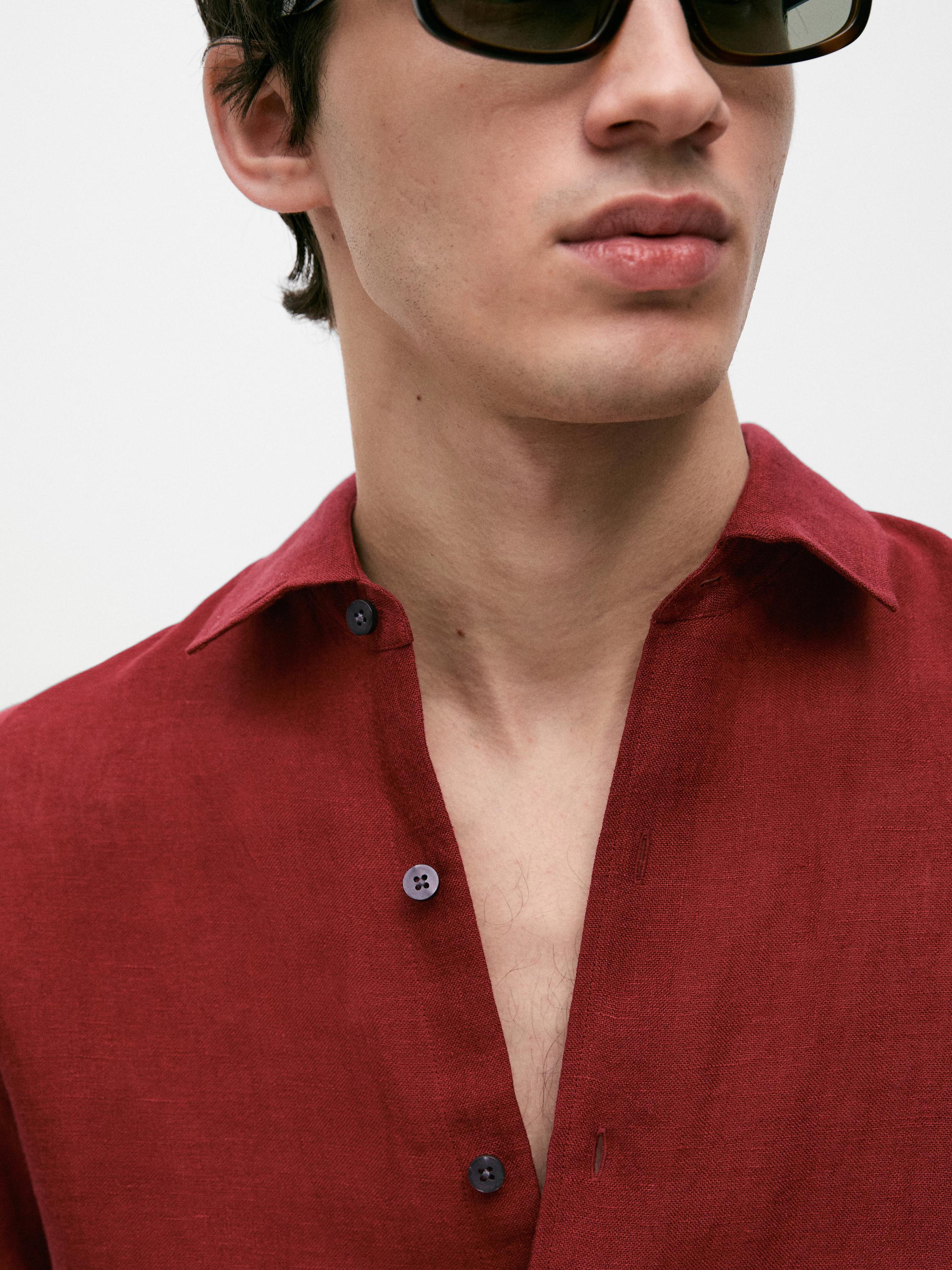 Textured 100% linen regular fit shirt — RED