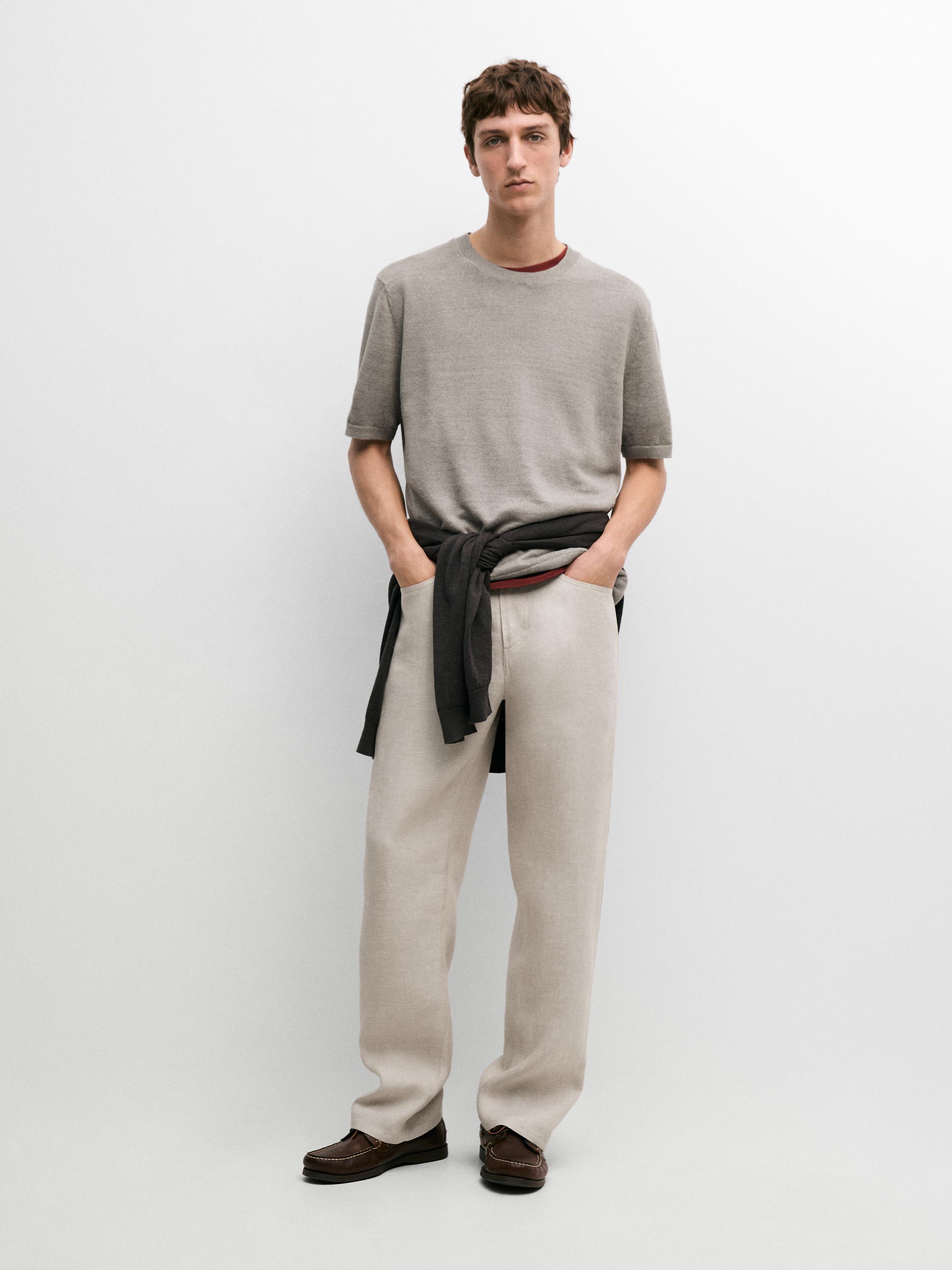 Lightweight 100% linen knit T-shirt — NATURAL GREY