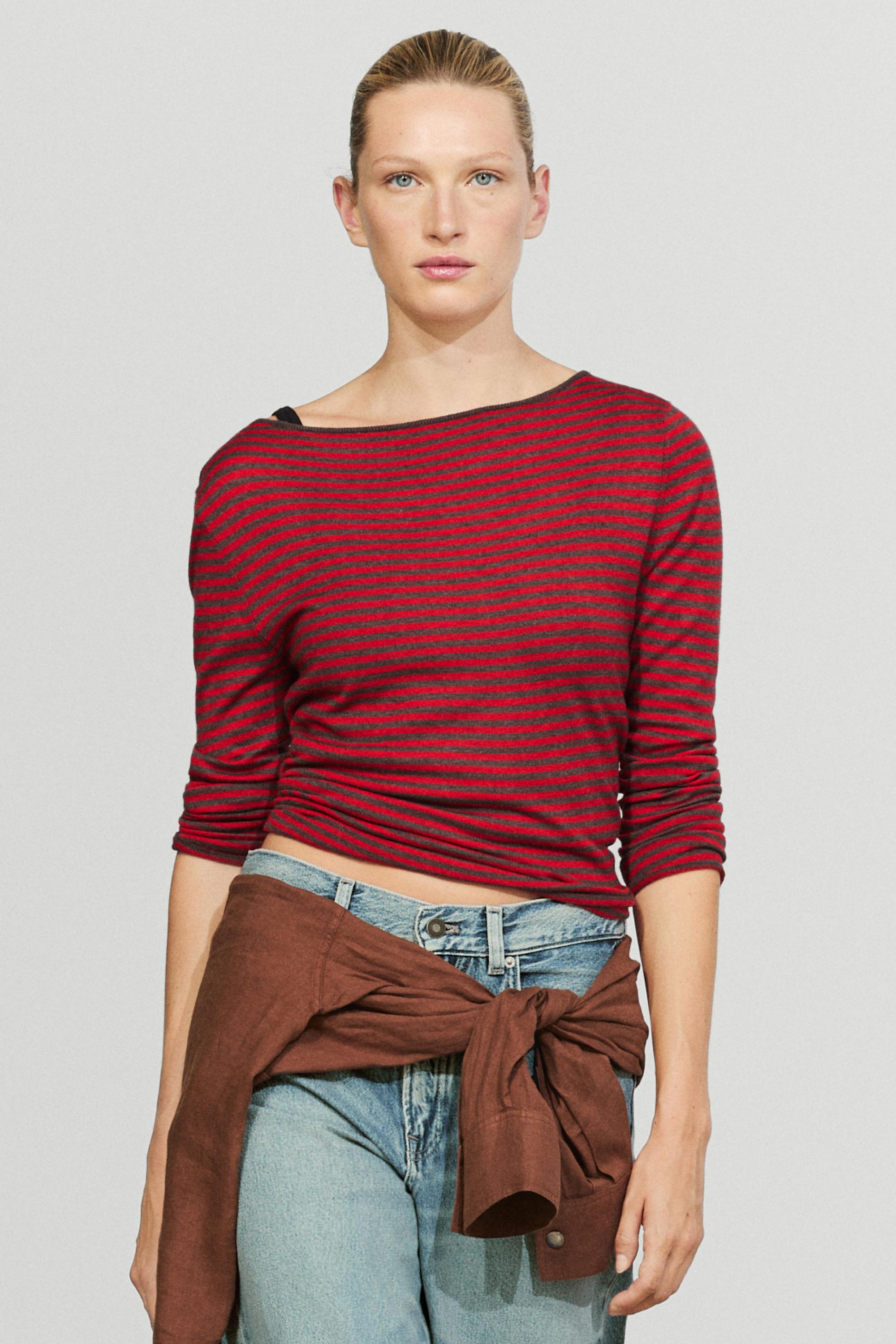 Striped wool-blend knit sweater — RED