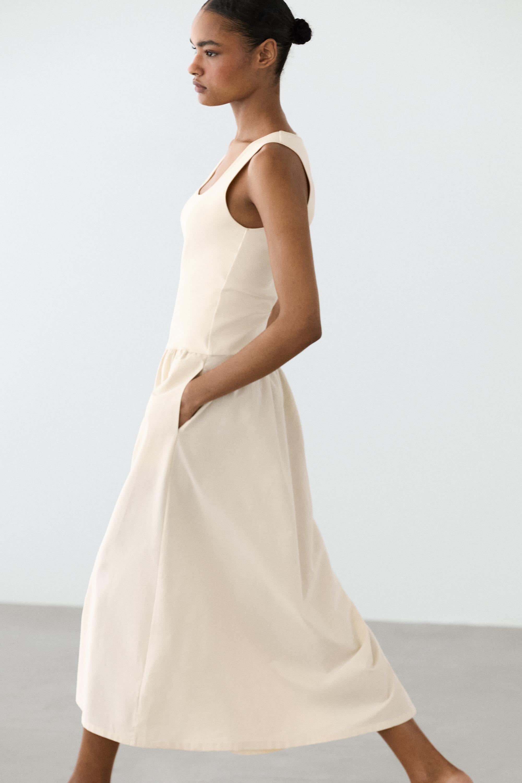 Cotton blend dress with contrast poplin — Vanilla
