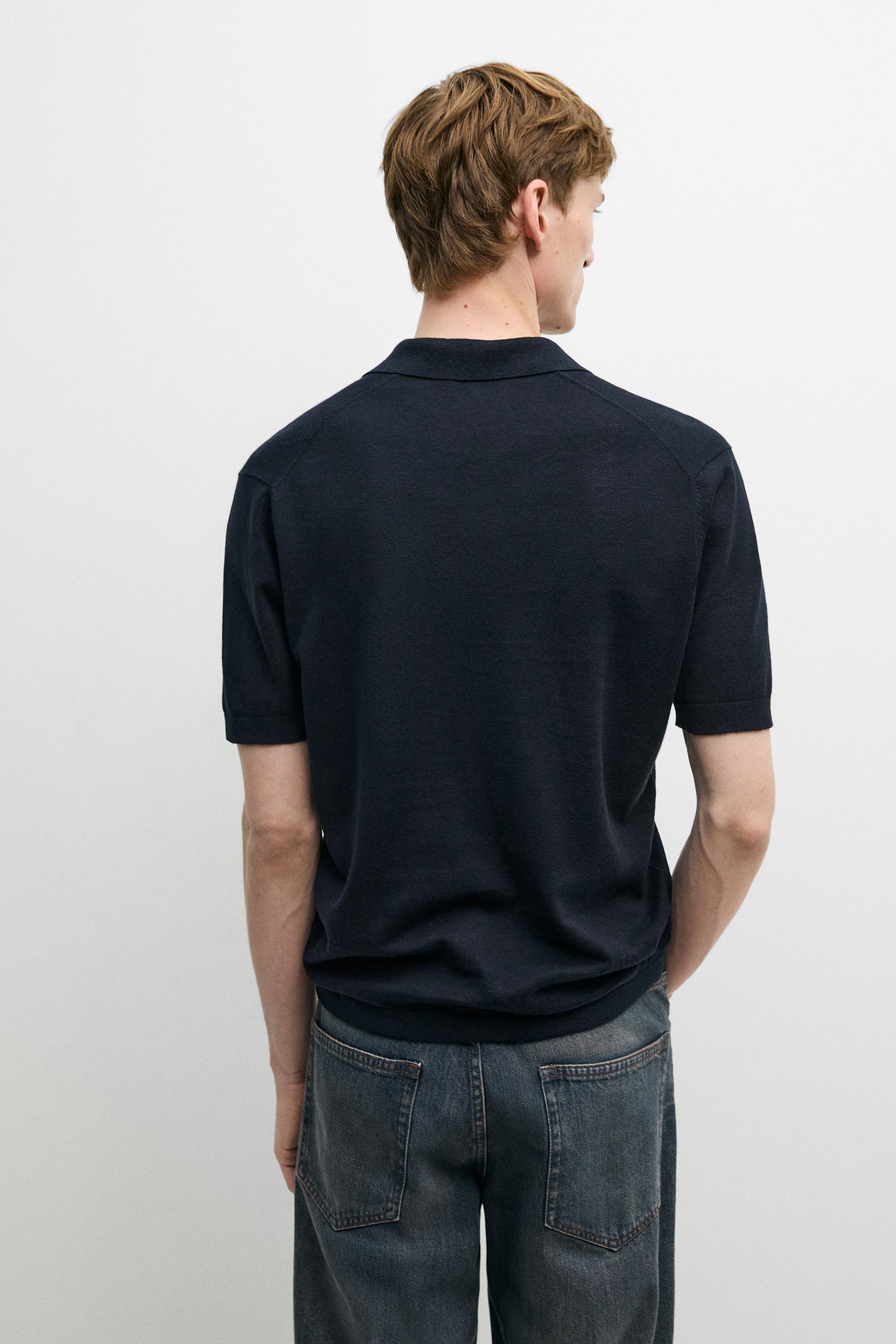 Cotton and linen knit polo sweater — NAVY BLUE