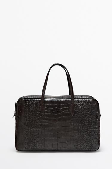Medium leather textured duffle bag — BROWN 2