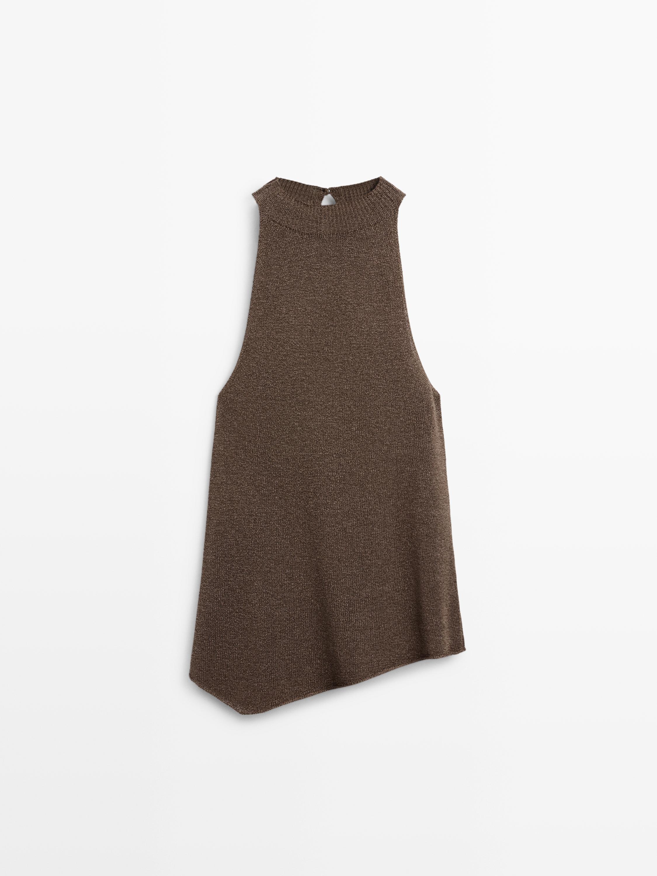Total look asymmetric halter knit top — BROWN