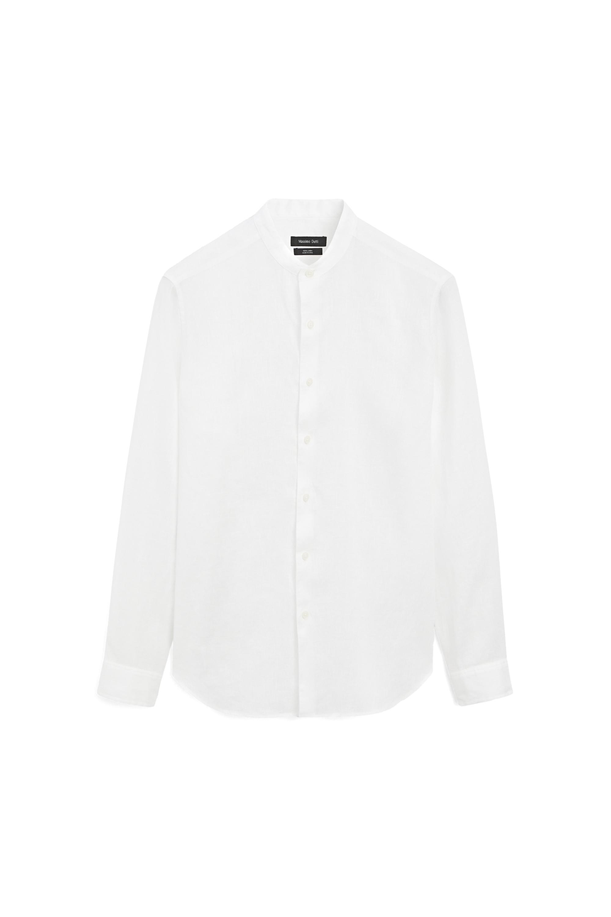 100% linen regular fit stand collar shirt — WHITE