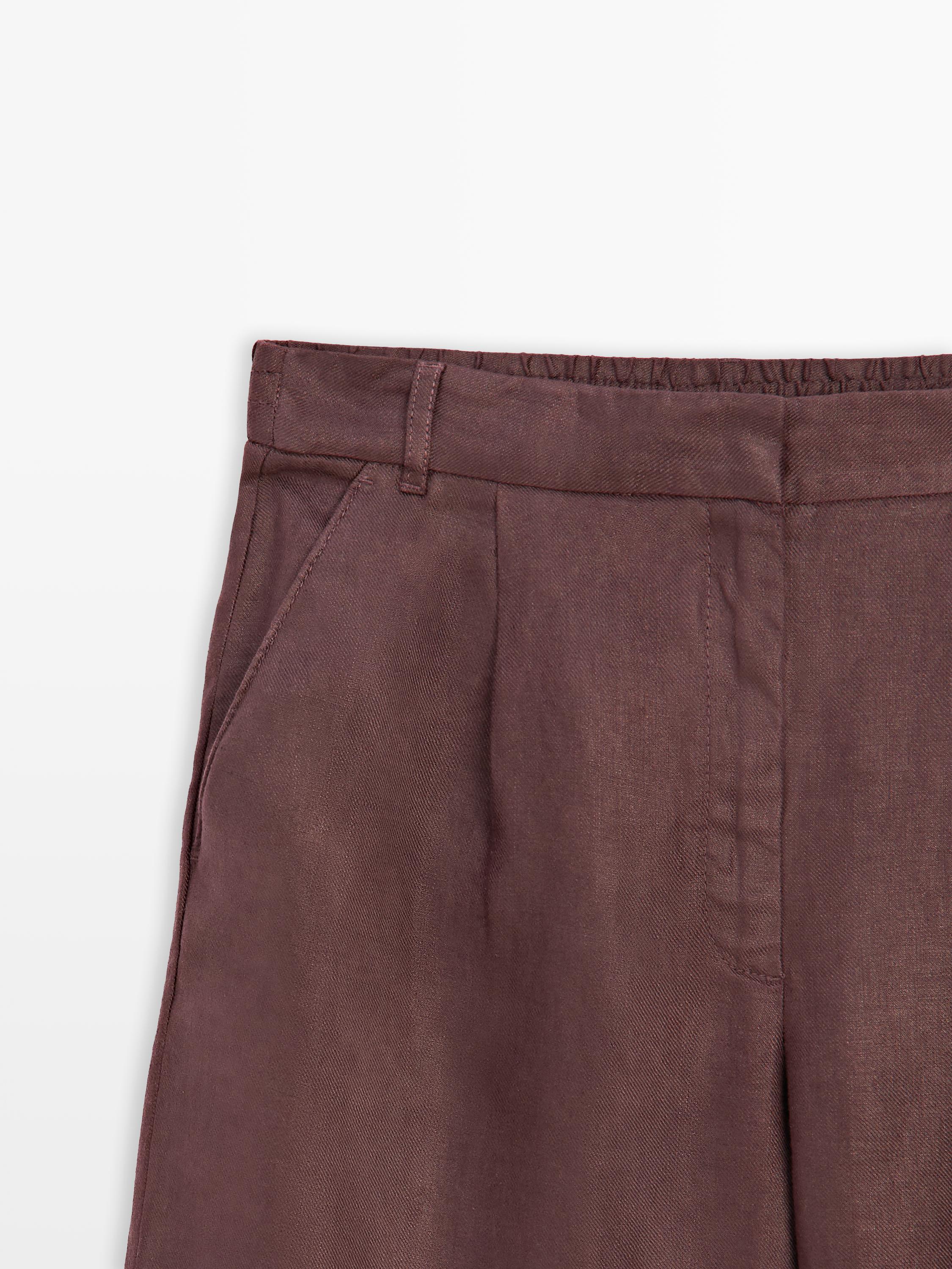 100% linen wide-leg elastic detail trousers