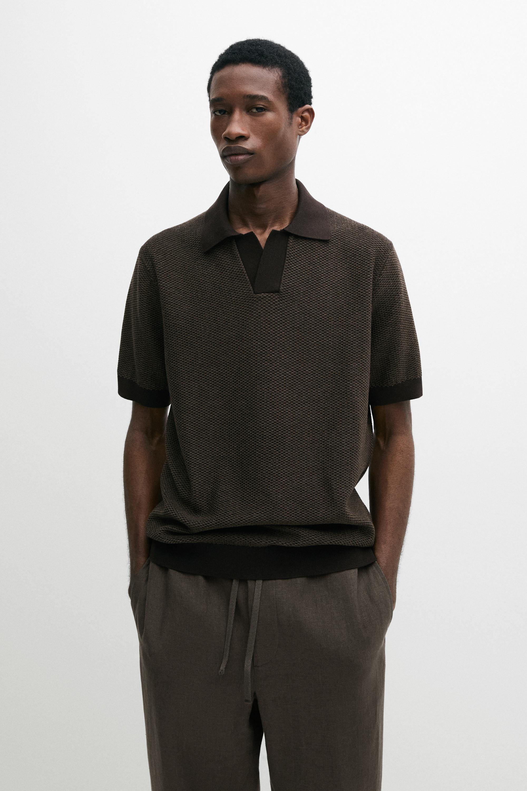 100% cotton textured knit polo sweater — BROWN MARL
