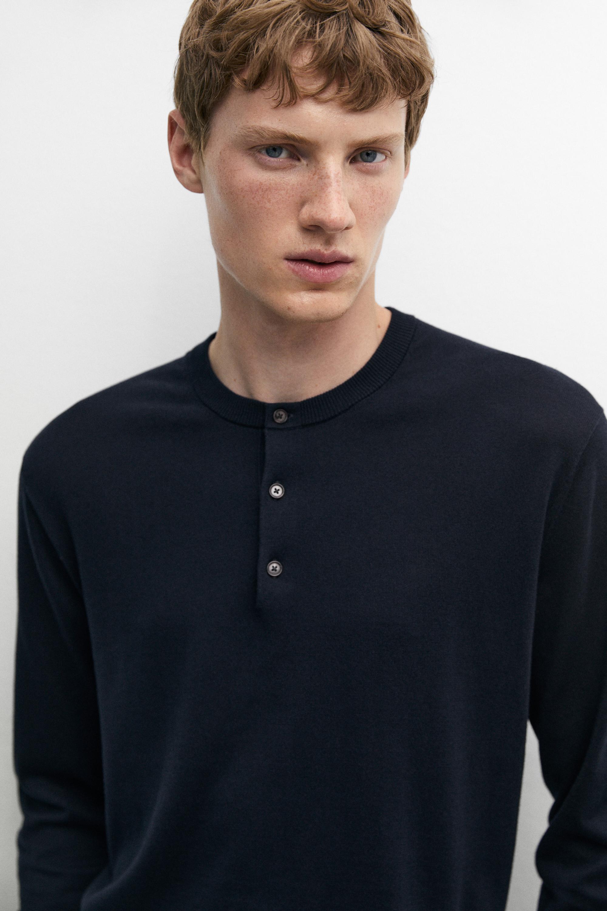 100% Cotton Henley Neck Knit Sweater — NAVY BLUE