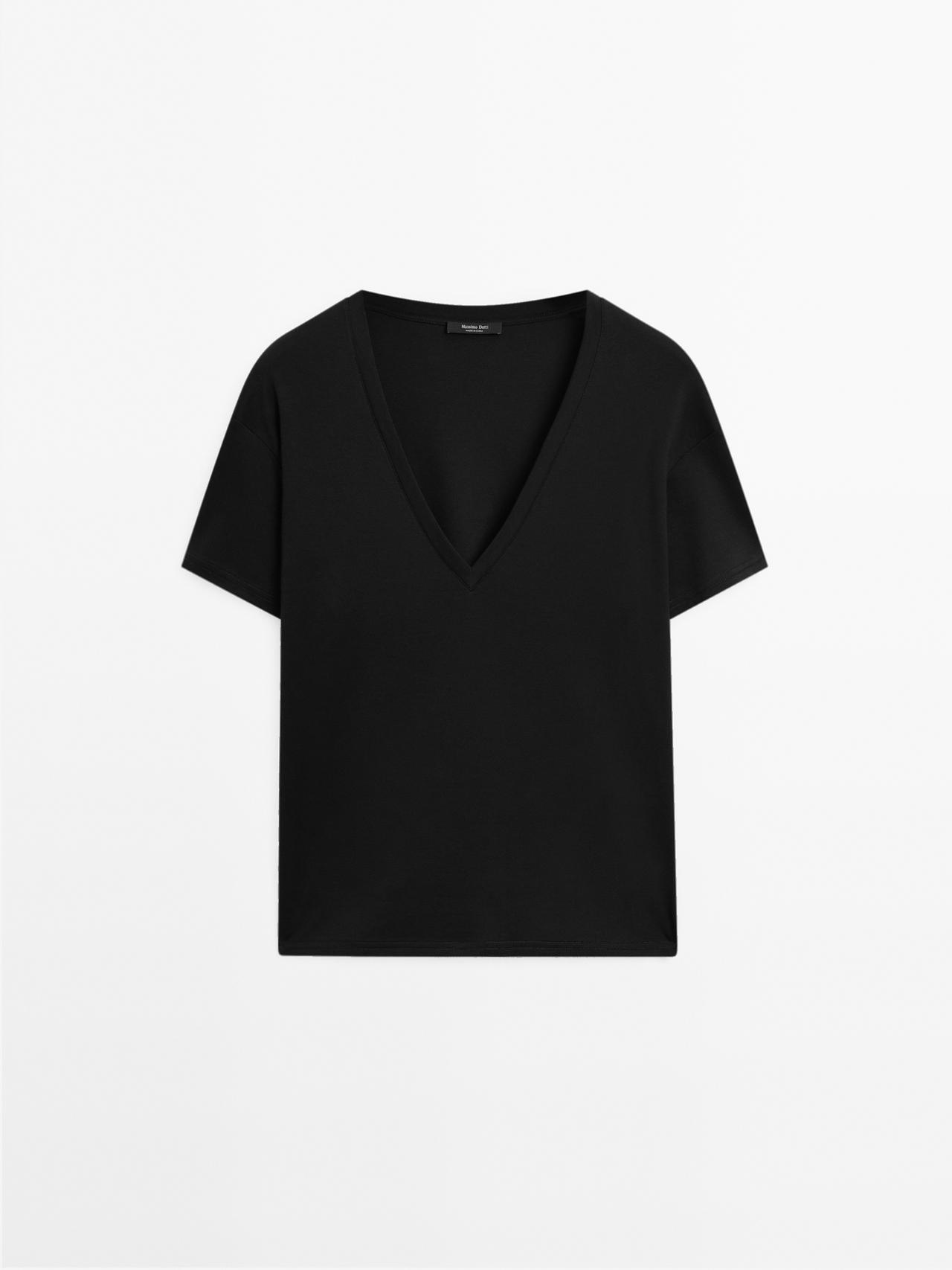 Massimo Dutti - Dame - T-Shirt Med Blødt Fald Og V-Udskæring - Sort - S