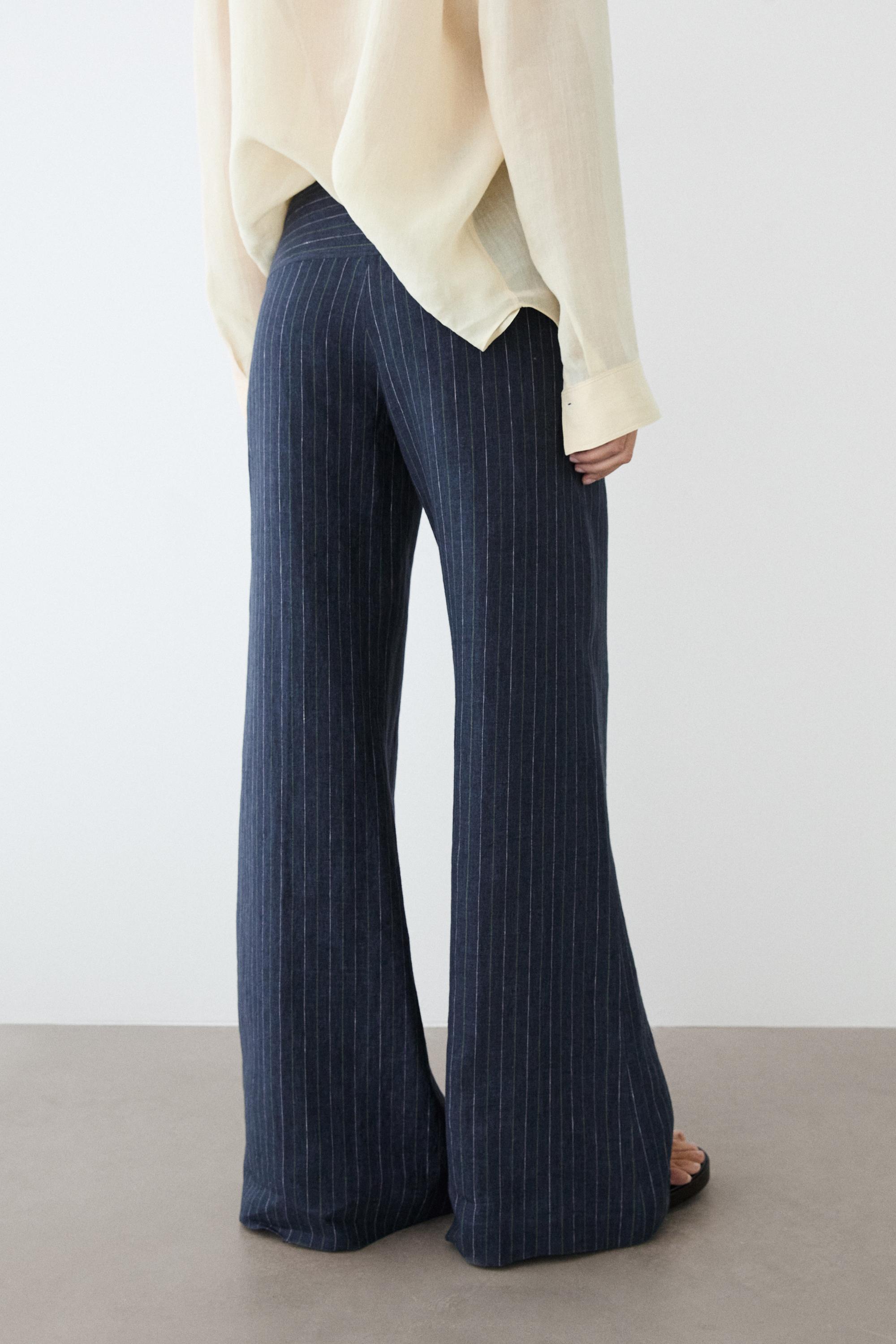 100% linen mid-waist flare pants — NAVY BLUE