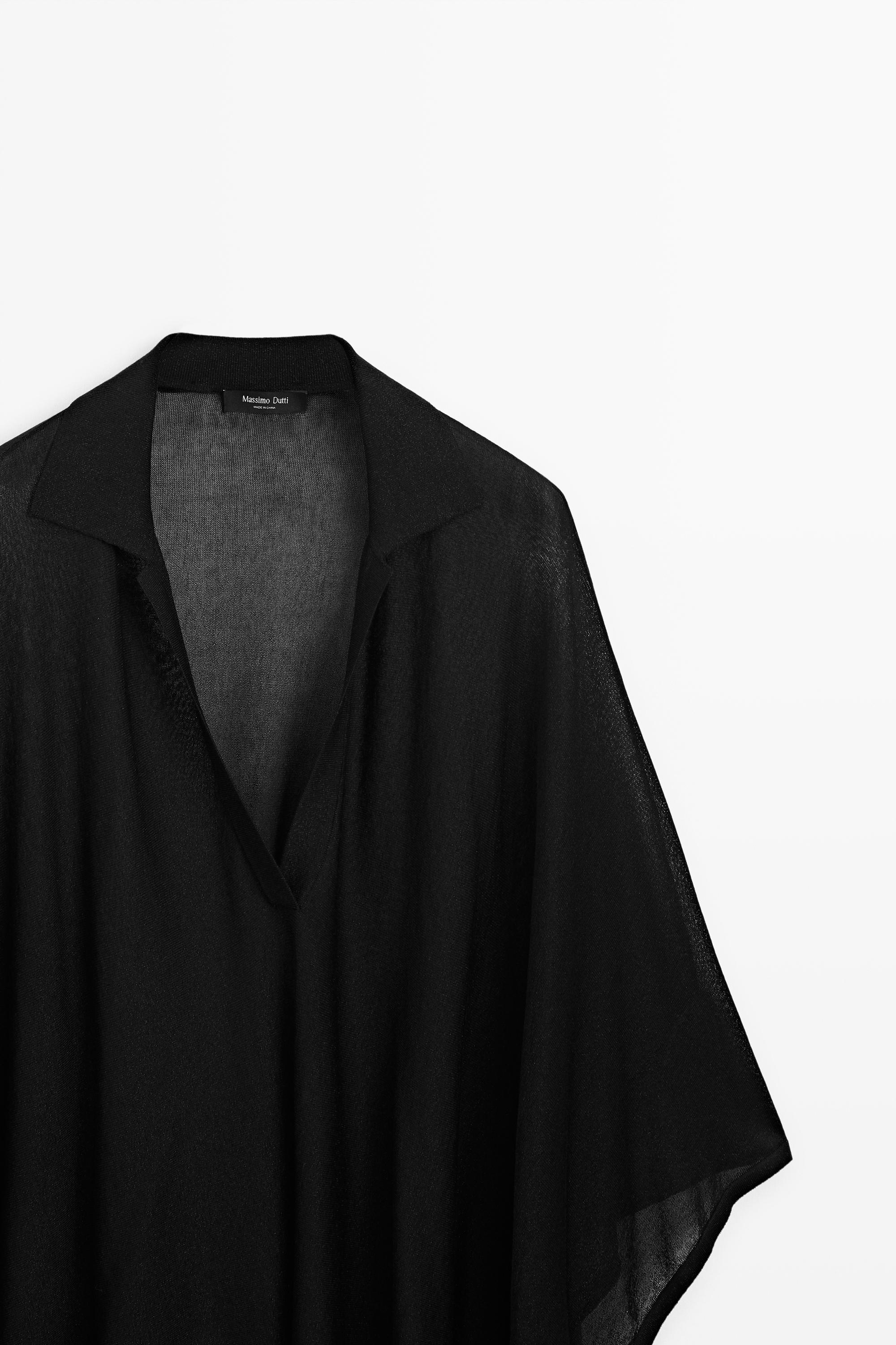 Metallic detail polo collar flowing cape — BLACK