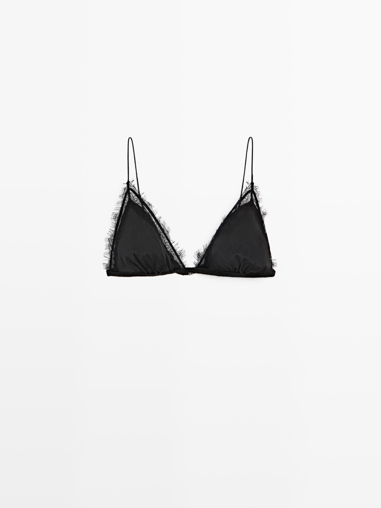 Massimo Dutti - Dame - Top I Silkeblanding Med Blondedetalje - Sort - S