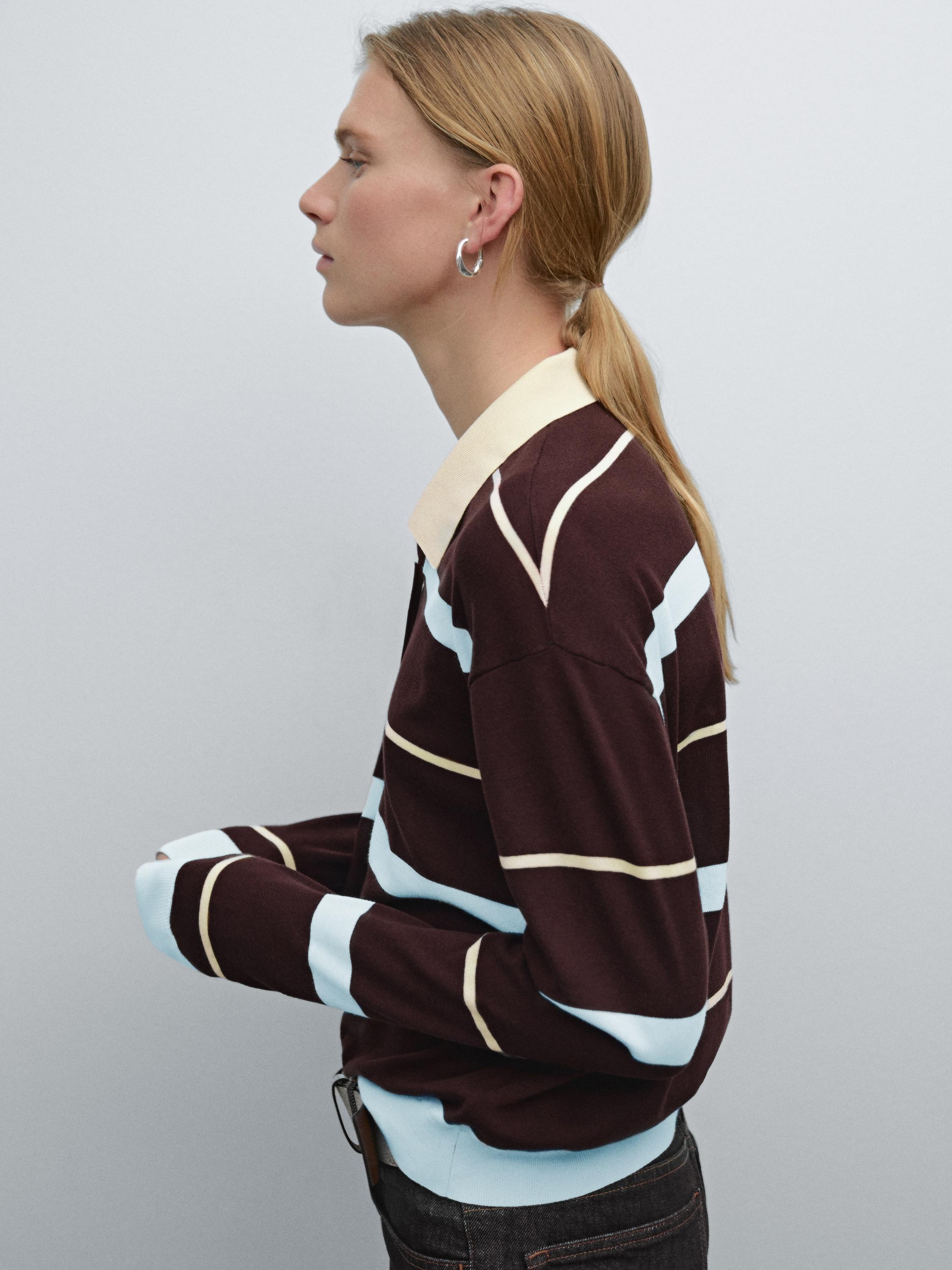 Striped knit sweater with polo collar