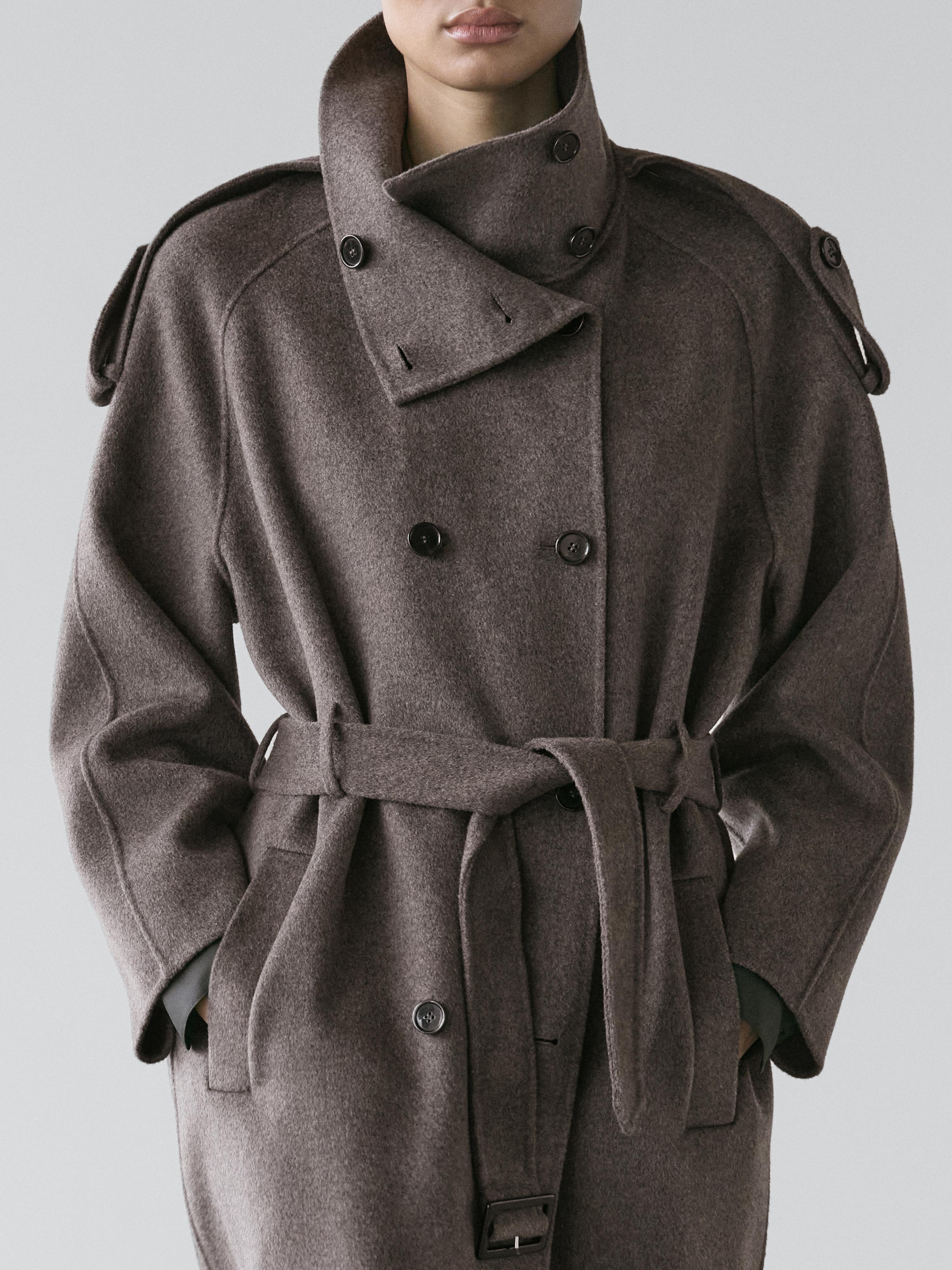 Long wool blend trench coat with belt