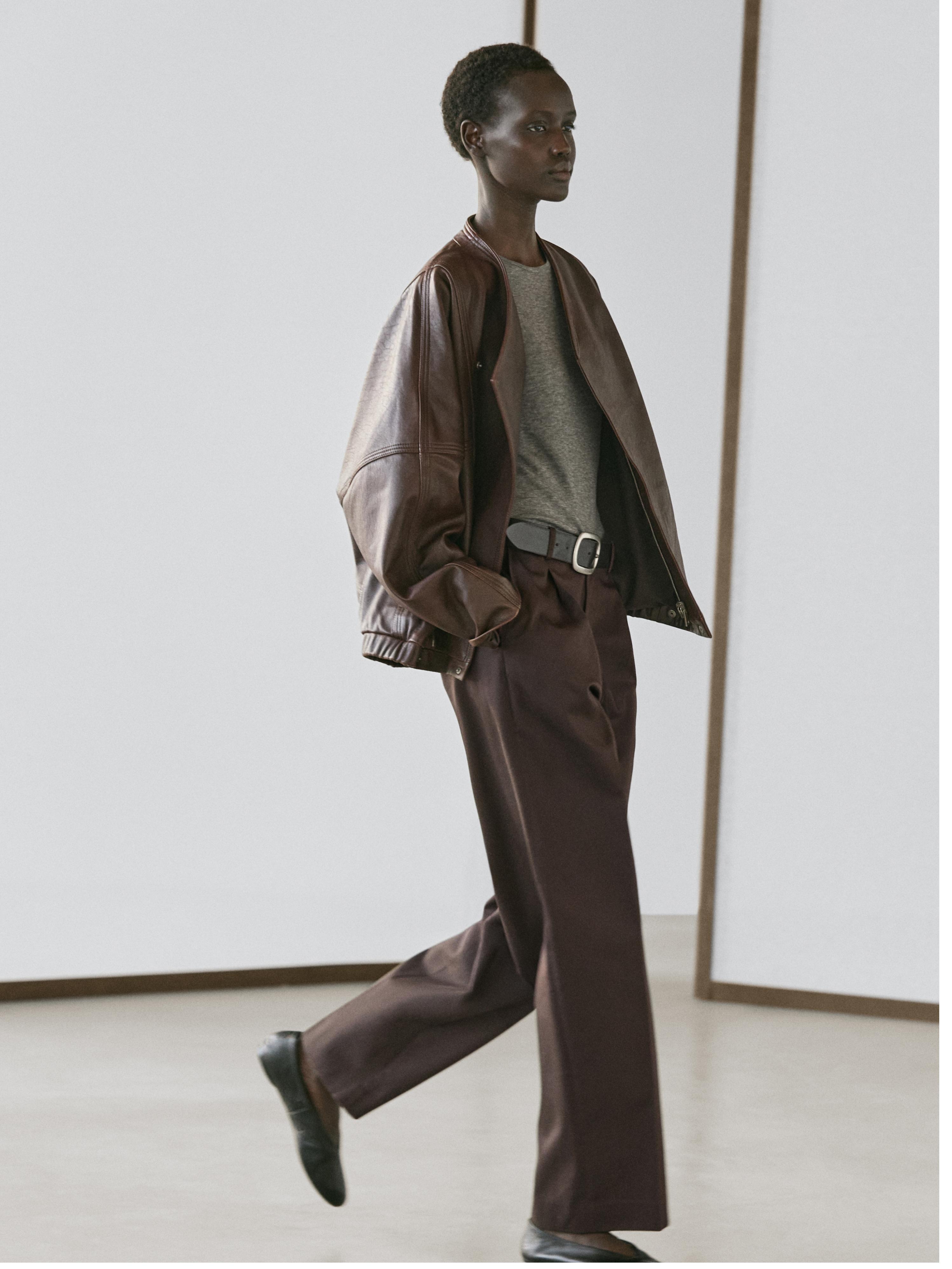 Asymmetric nappa leather bomber jacket — BROWN