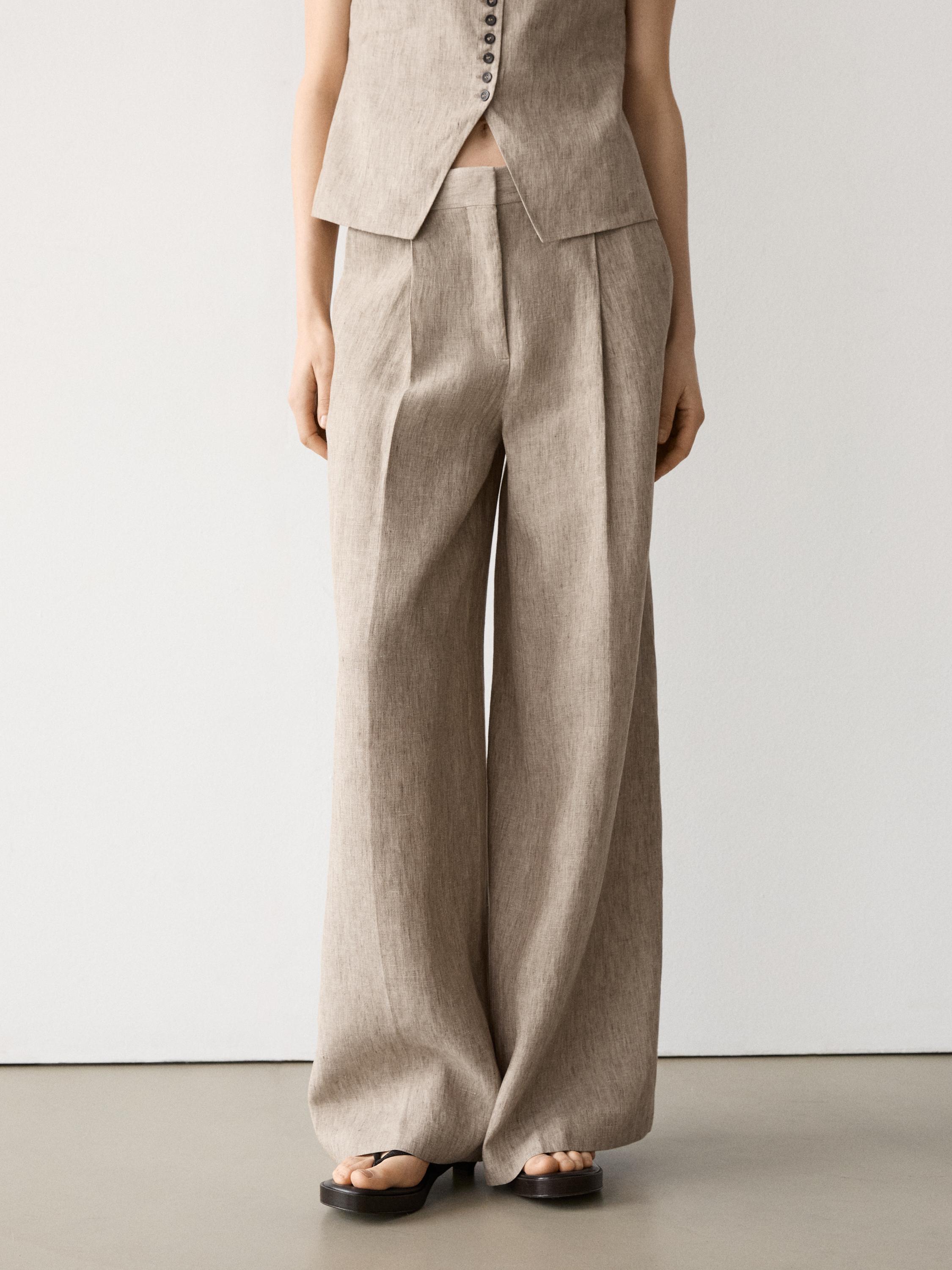 Linen melange trousers with pleated details — BEIGE