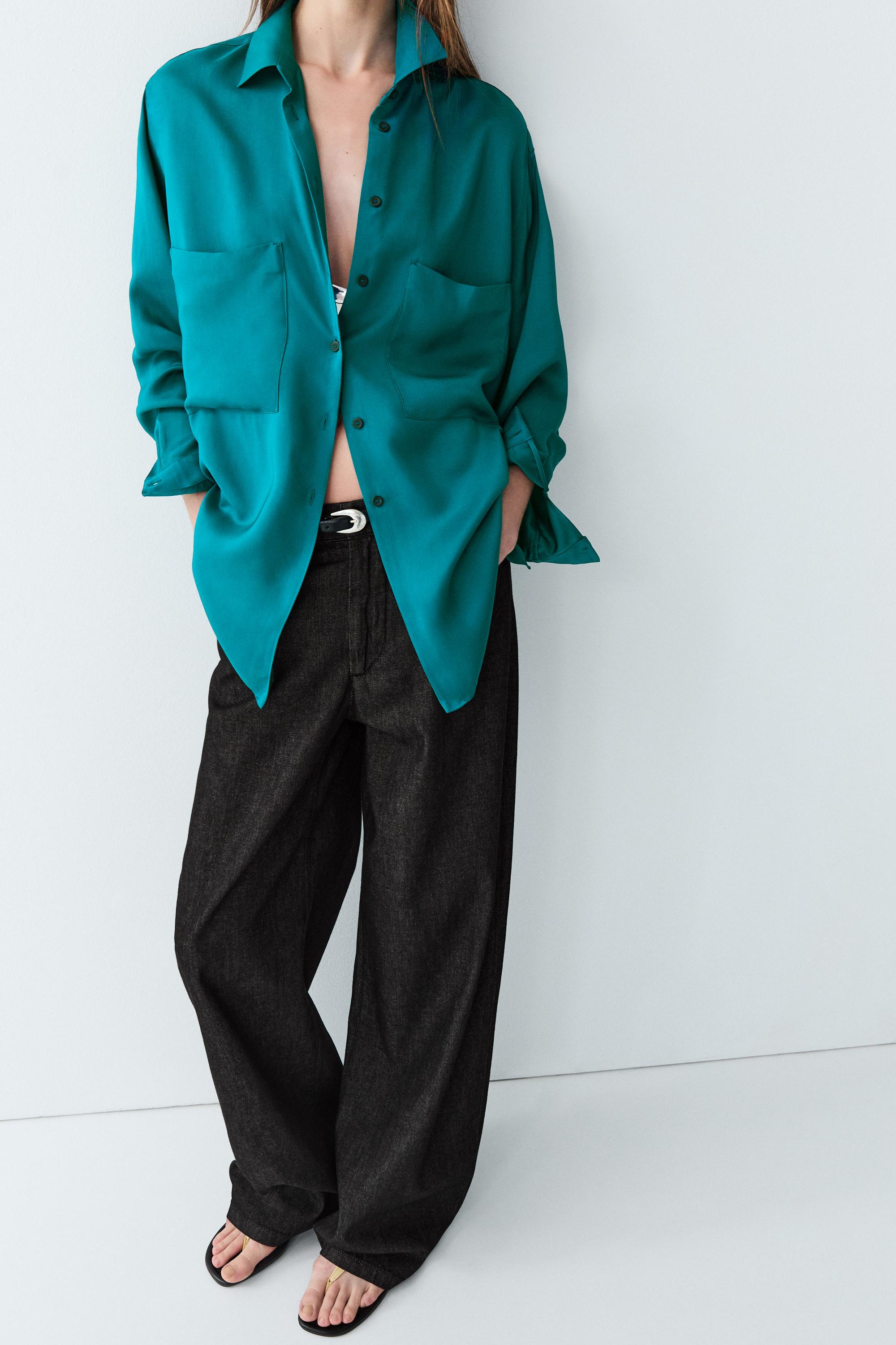 Flowing satin shirt with pockets — GREENISH BLUE