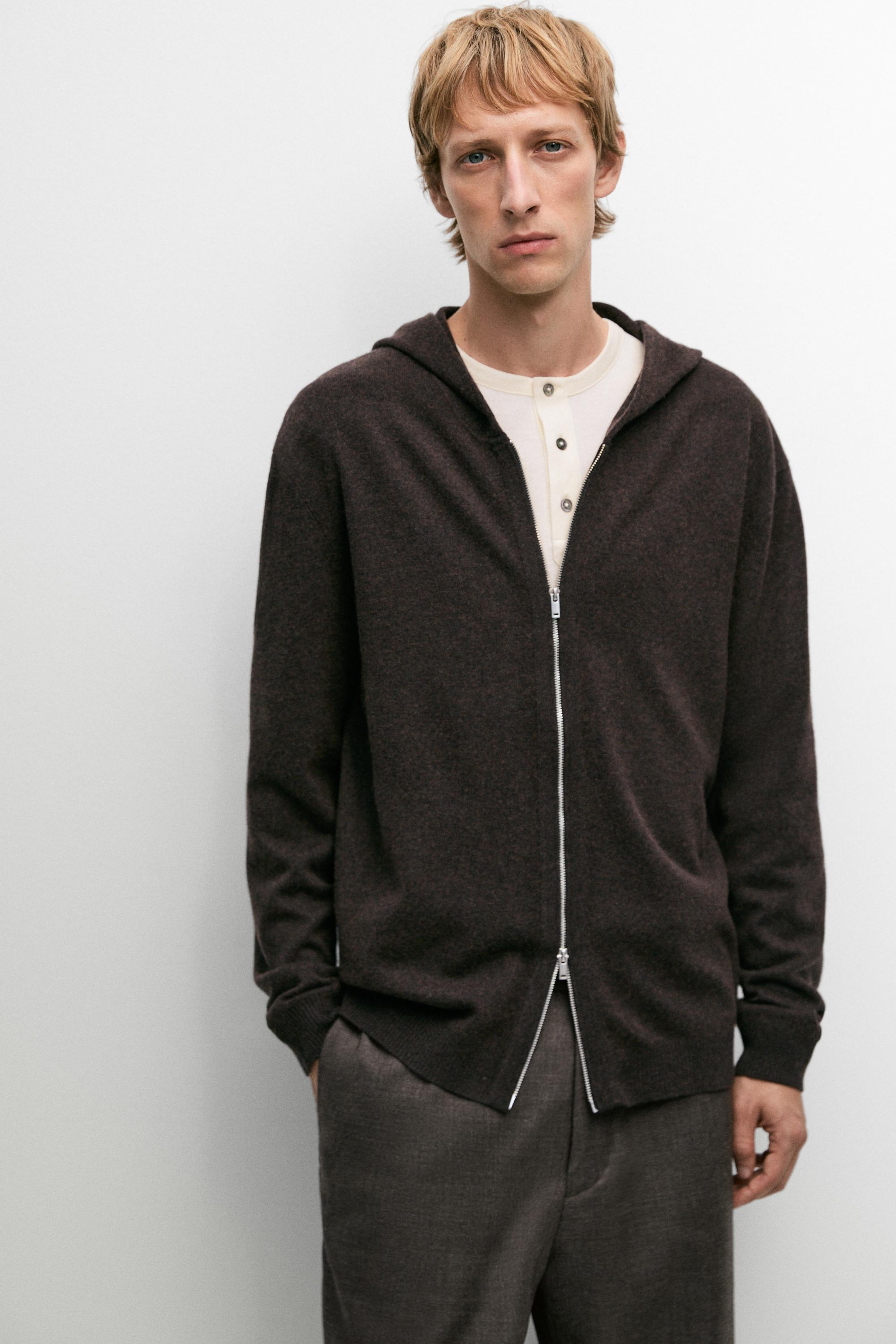 Wool-blend knit hooded cardigan