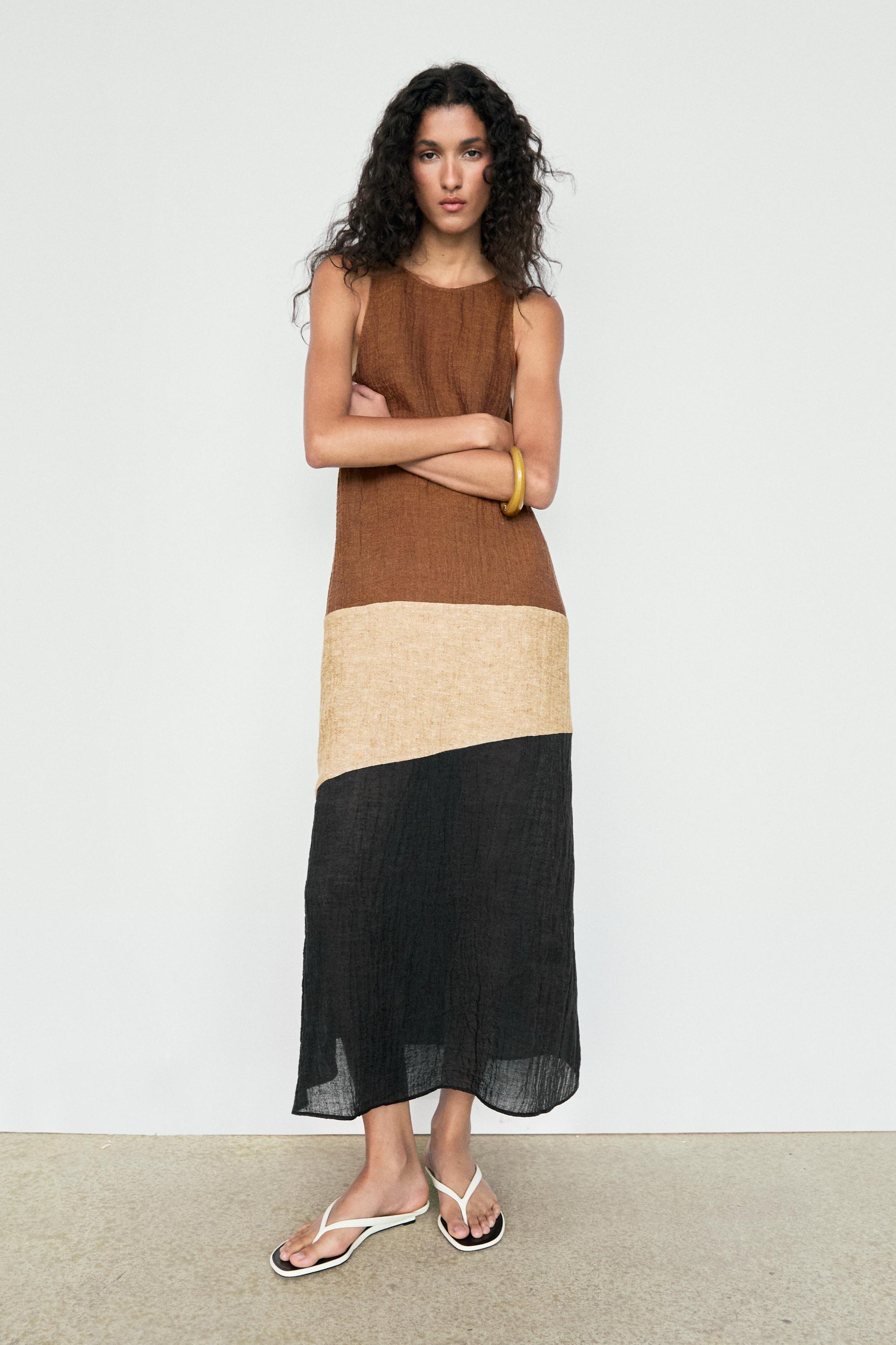 Combined linen blend midi dress — BROWN
