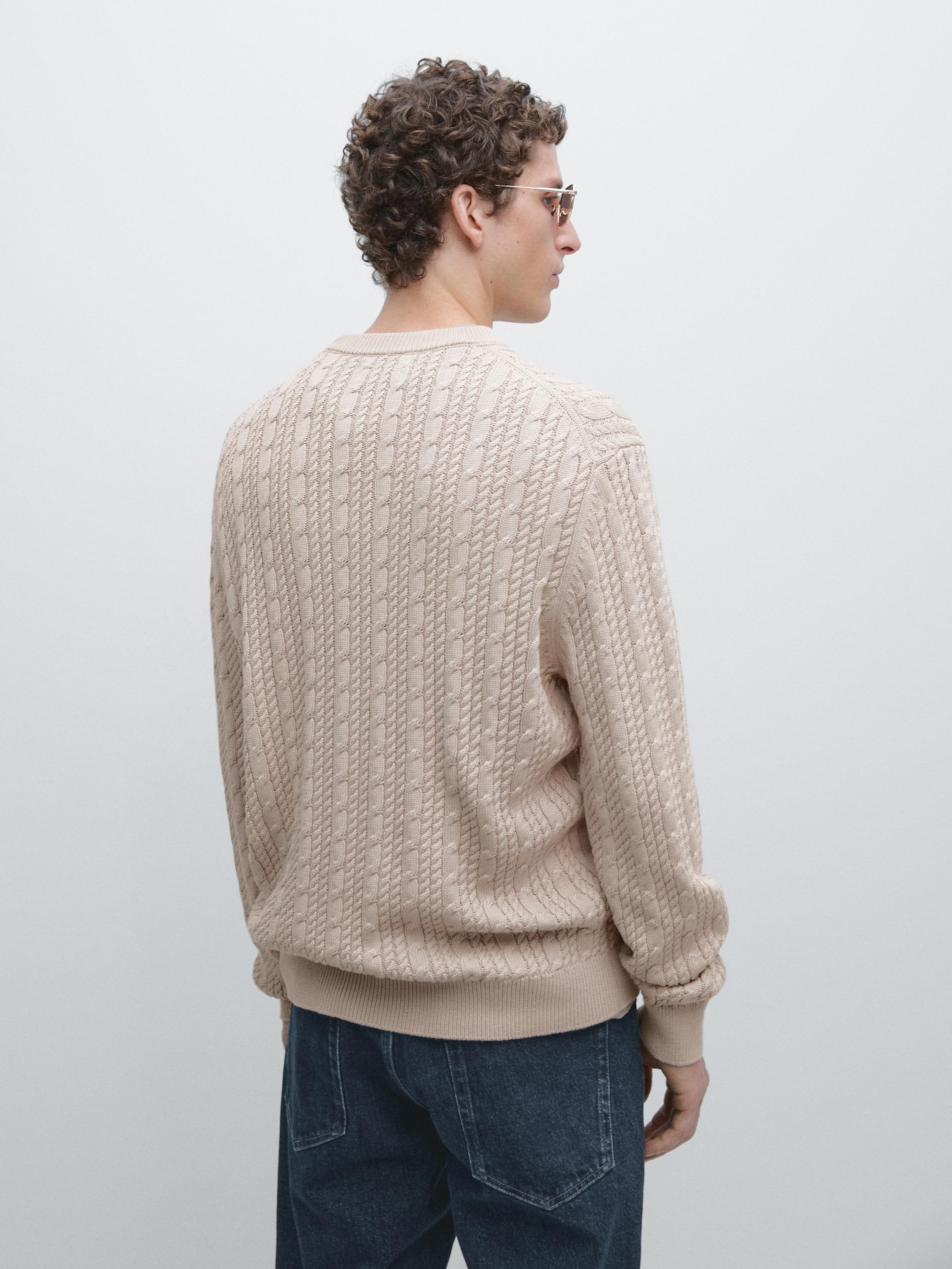 Cable-knit 100% cotton sweater with crew neck — STONE