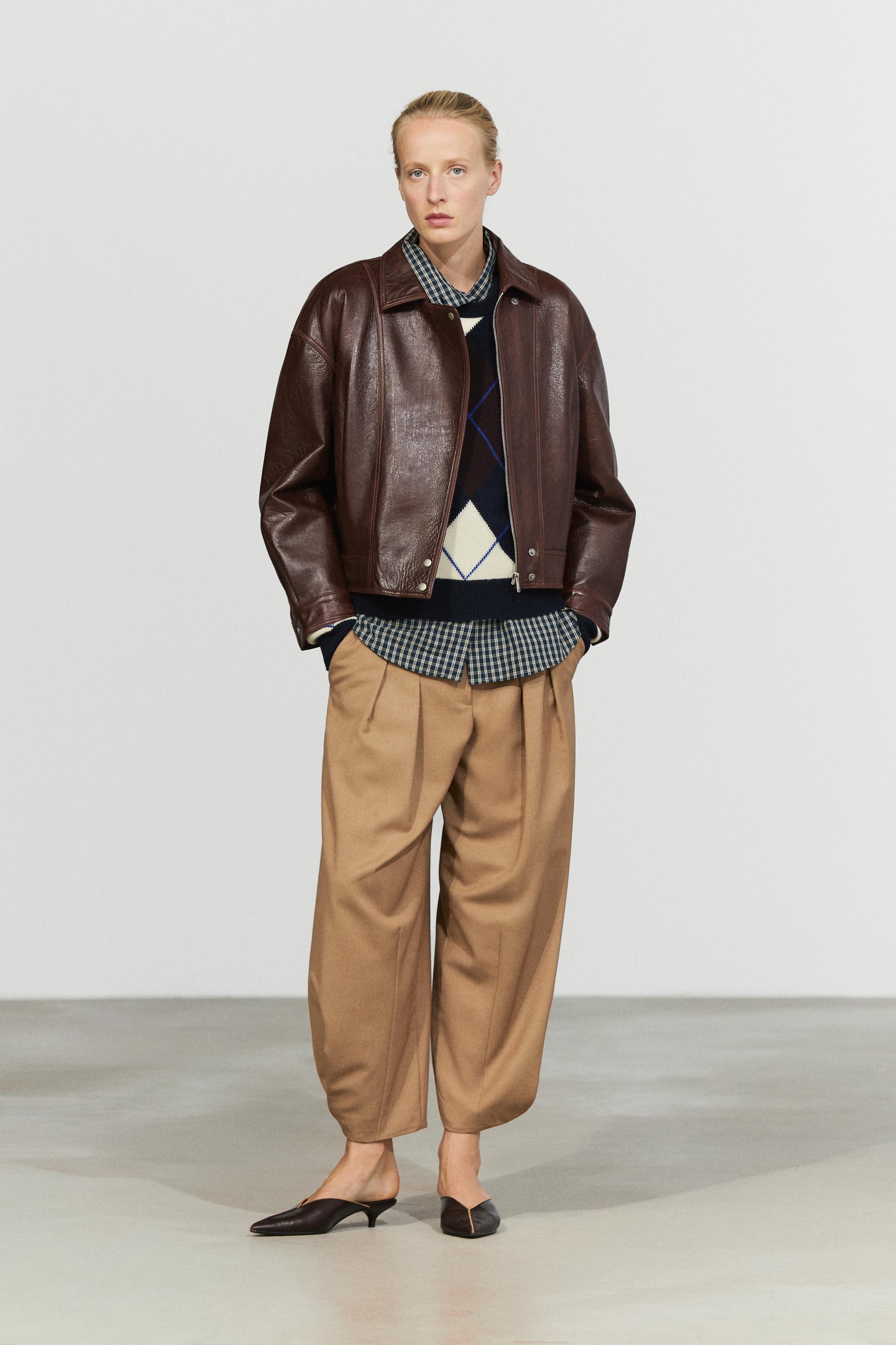 Pleated nappa leather jacket — BROWN