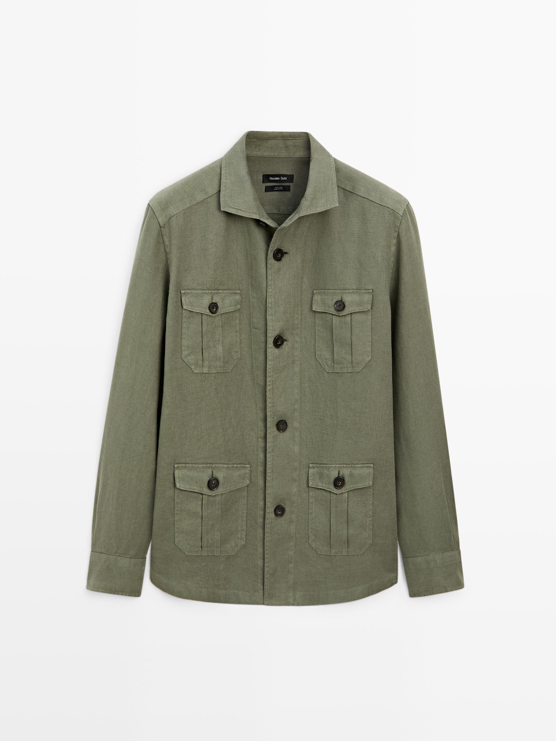 Heavy linen overshirt with pocket details — DARK GREEN