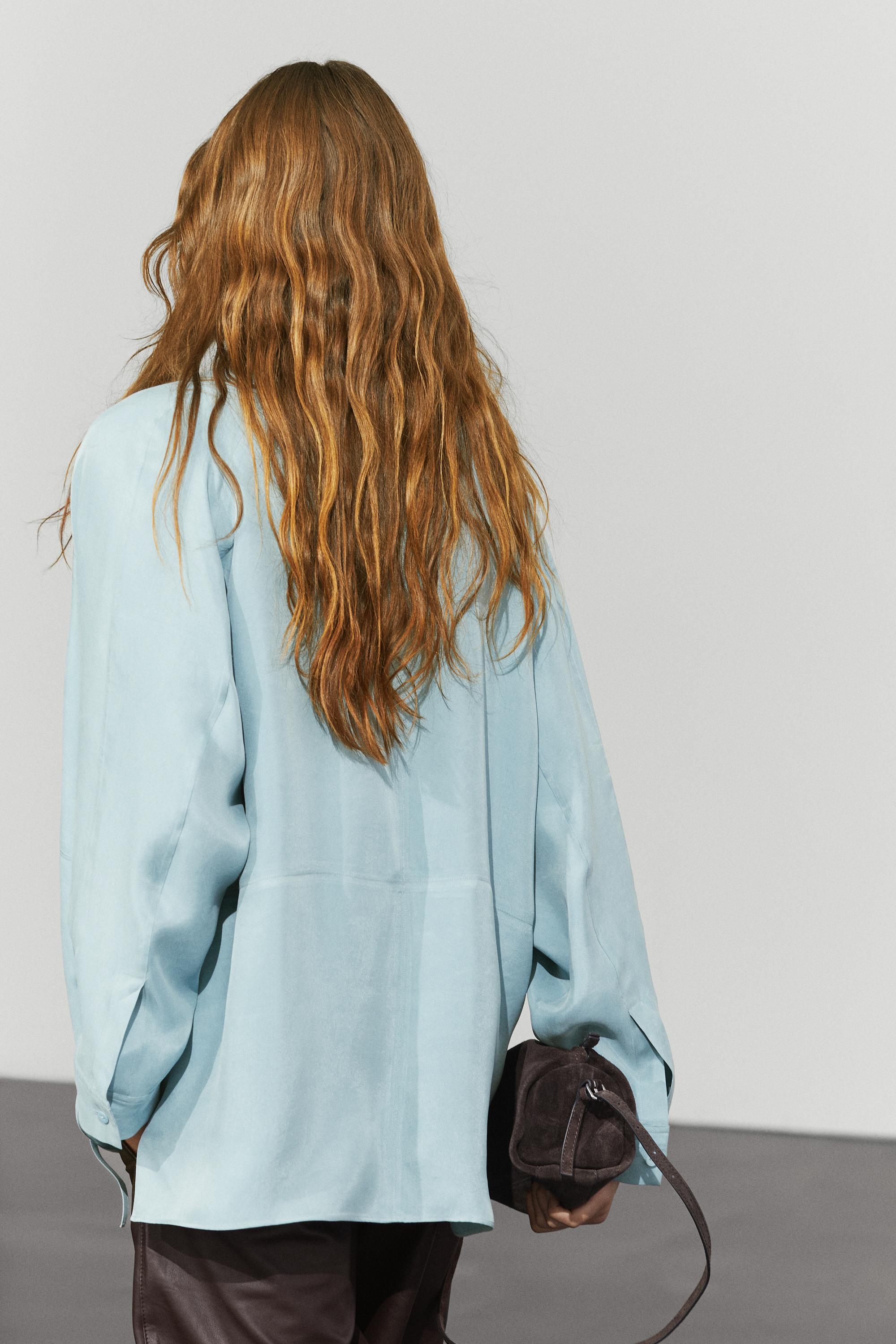 Flowing shirt with high collar and drawstring detail — GREY BLUE