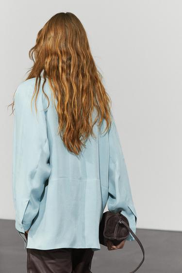 Flowy blouse with stand collar and drawstrings — GREY BLUE 5