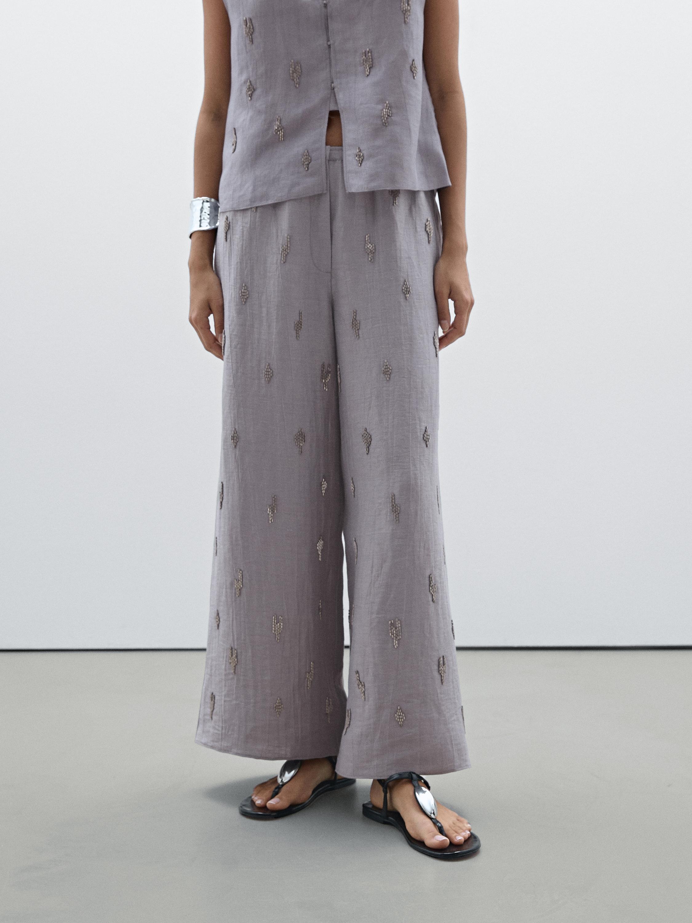 Linen blend trousers with rhinestone detail
