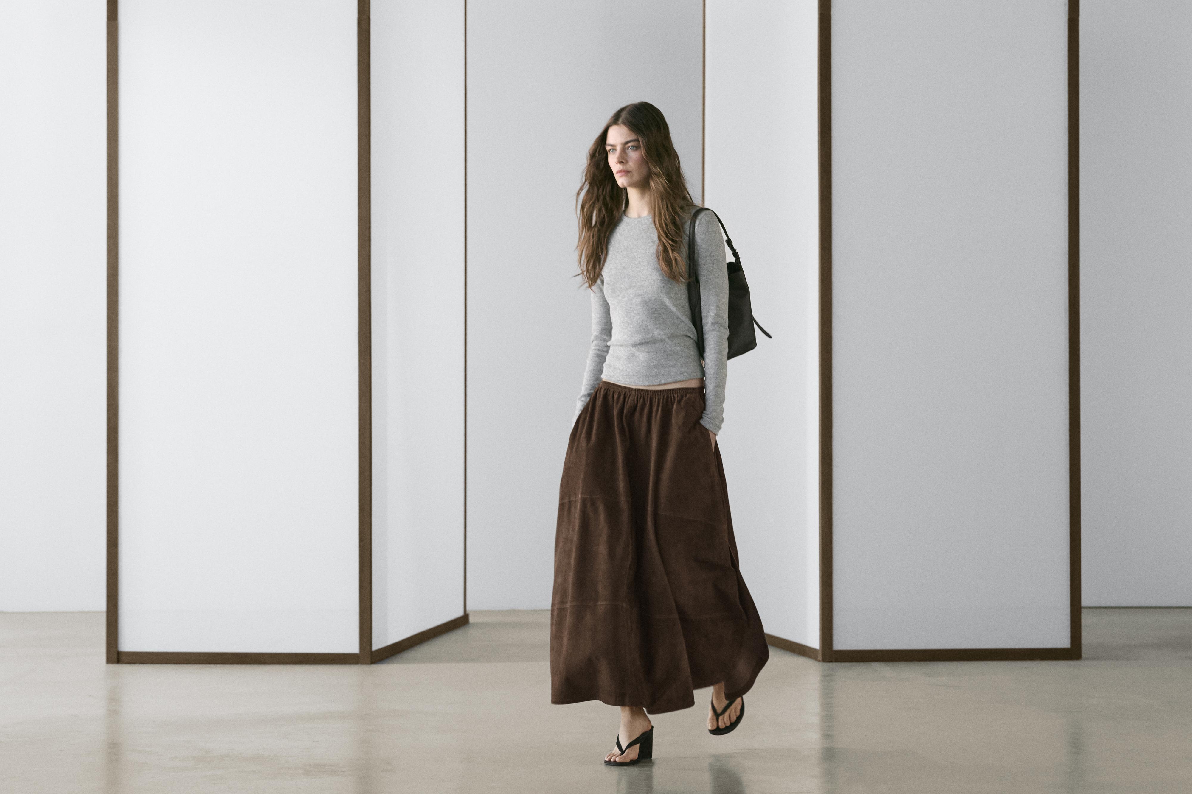 Suede leather midi skirt — BROWN