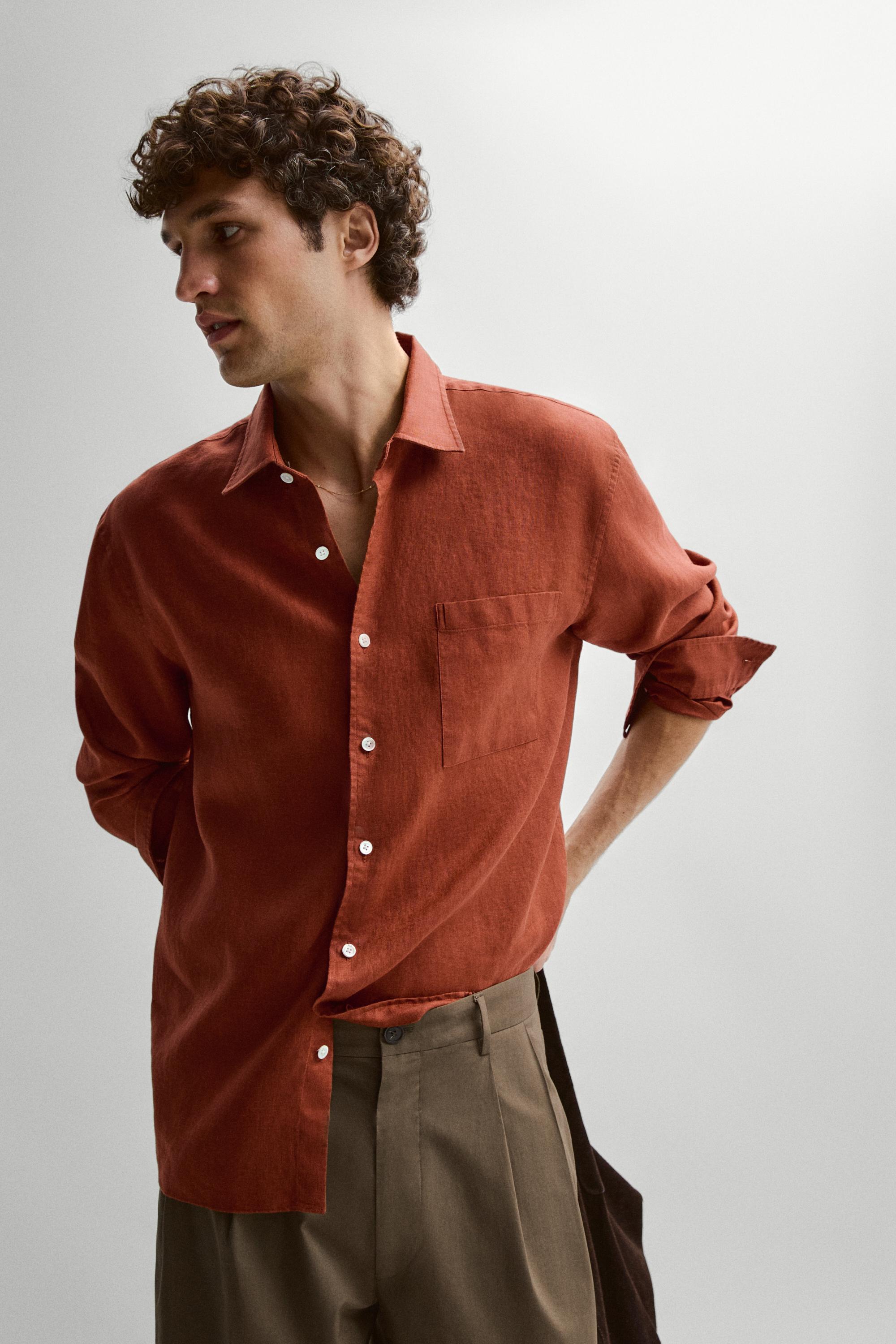 Regular fit 100% linen shirt with pocket detail — BURNT ORANGE
