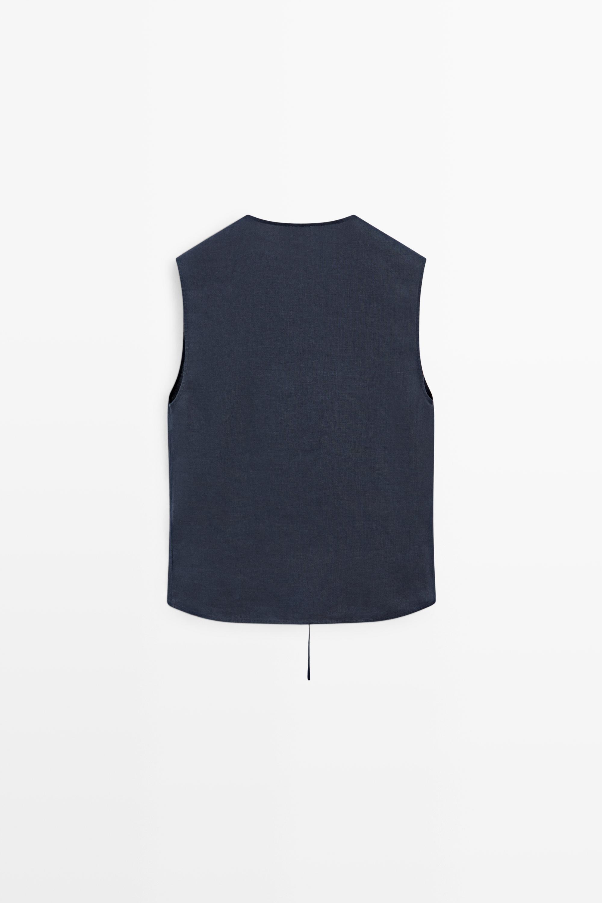100% linen crossover top with button detail — NAVY BLUE