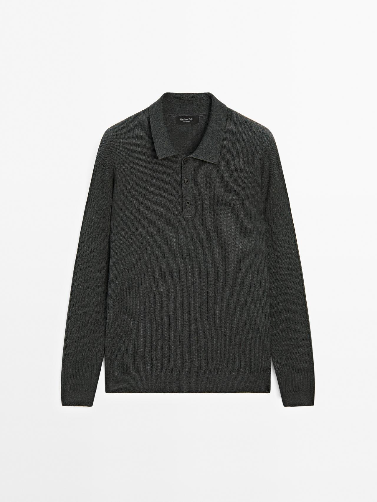 Massimo Dutti - Herre - Strikket Polotrøje I Bomuldsblanding - Grå - Xl