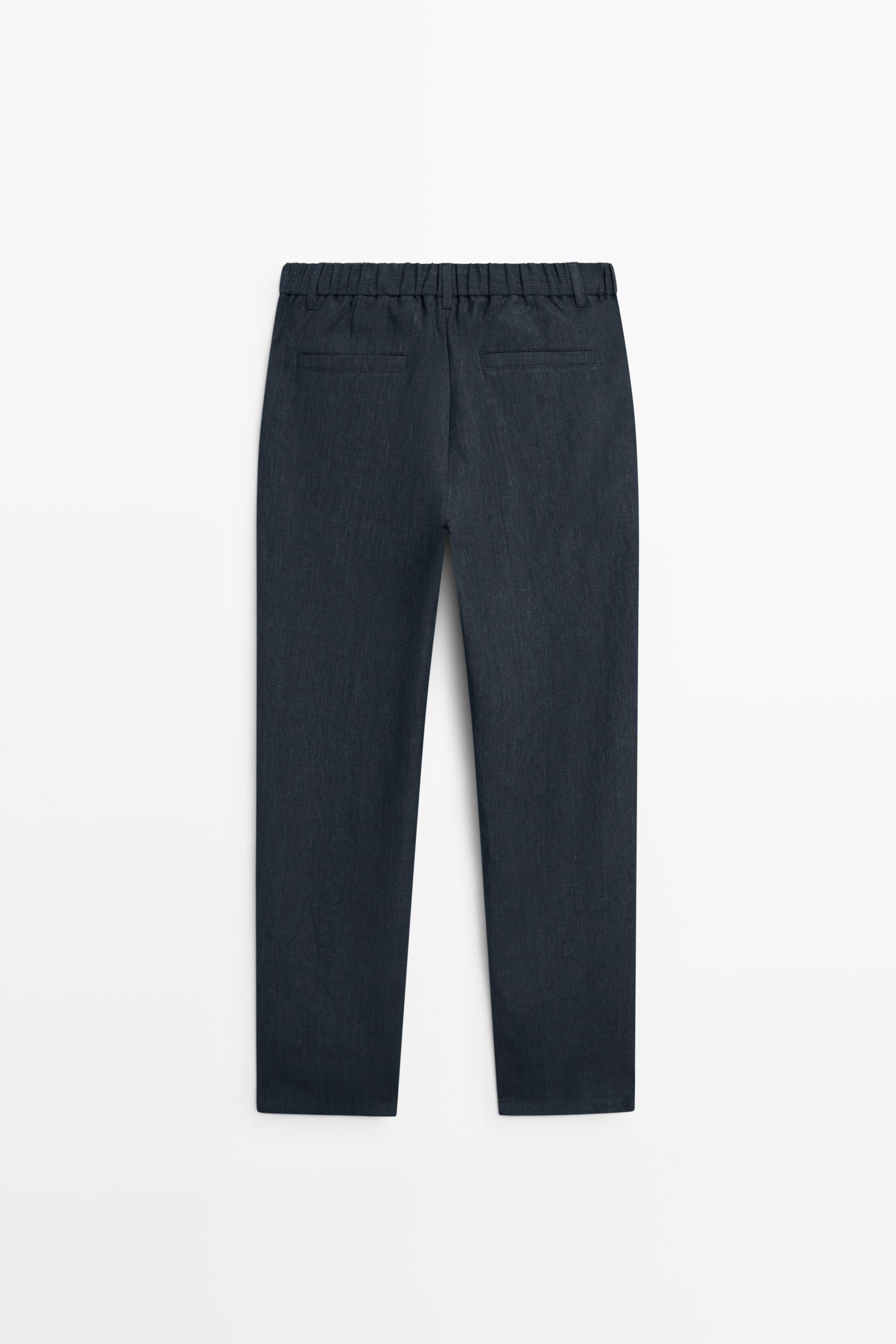 100% Linen Elastic-Waist Pants — NAVY BLUE