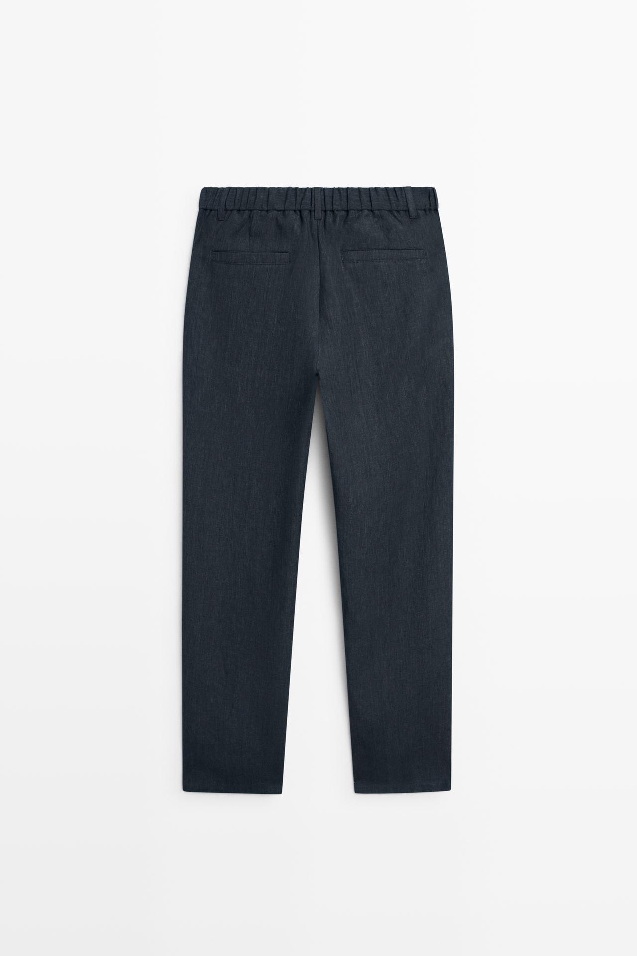 100% Linen Elastic-Waist Pants — NAVY BLUE