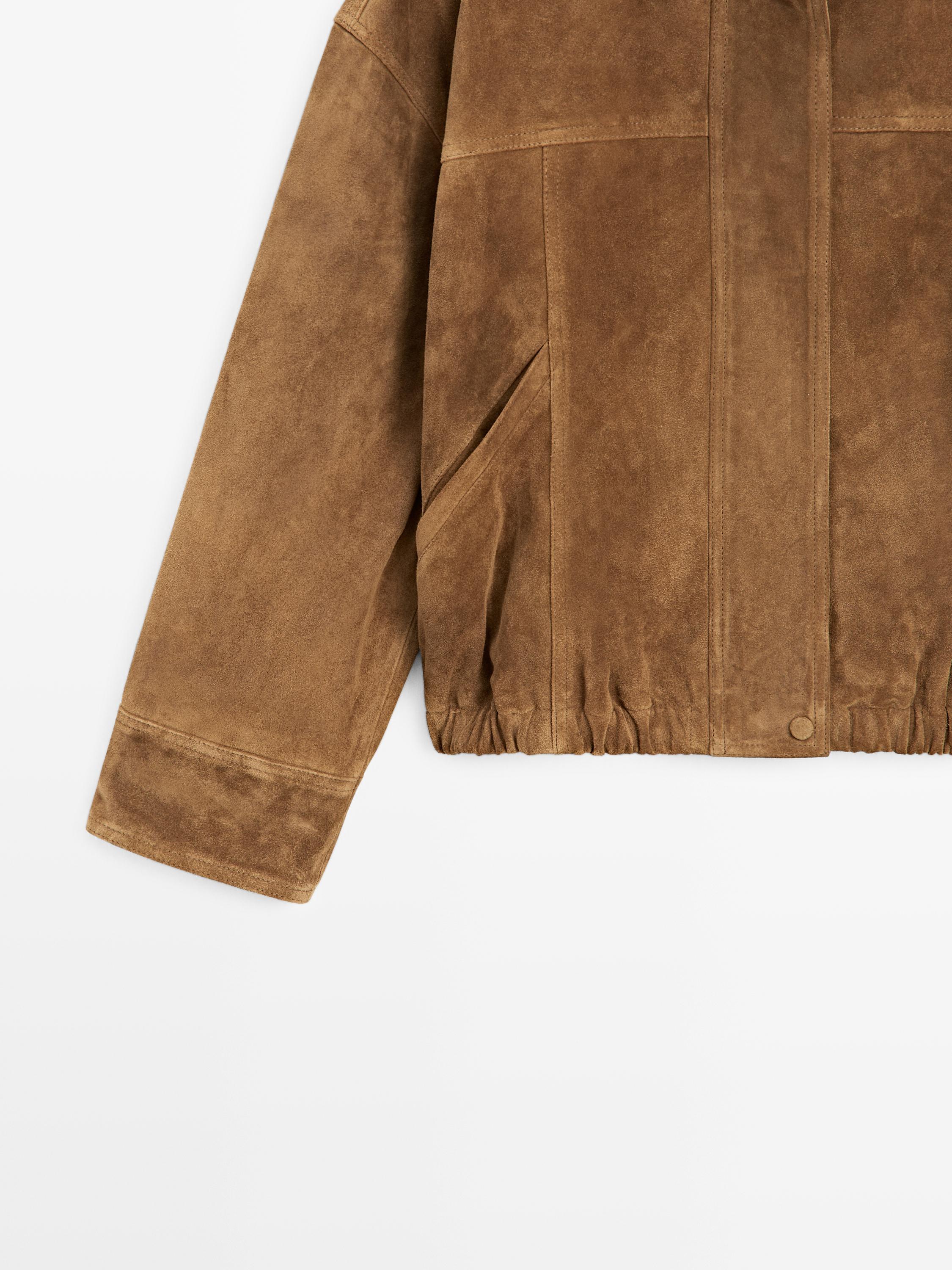 Short suede leather bomber jacket — CAMEL