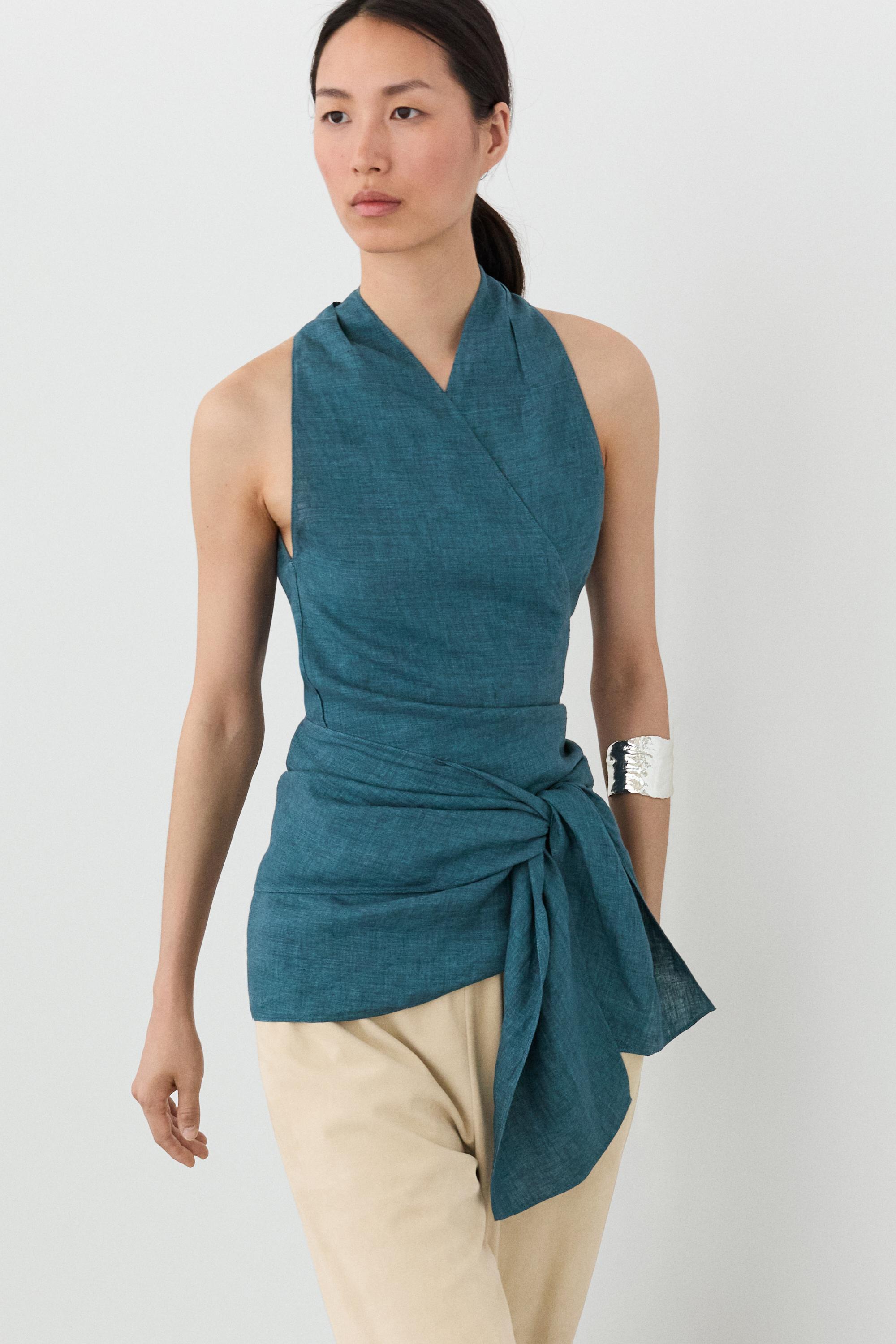 Top croisé avec nœud 100 % lin