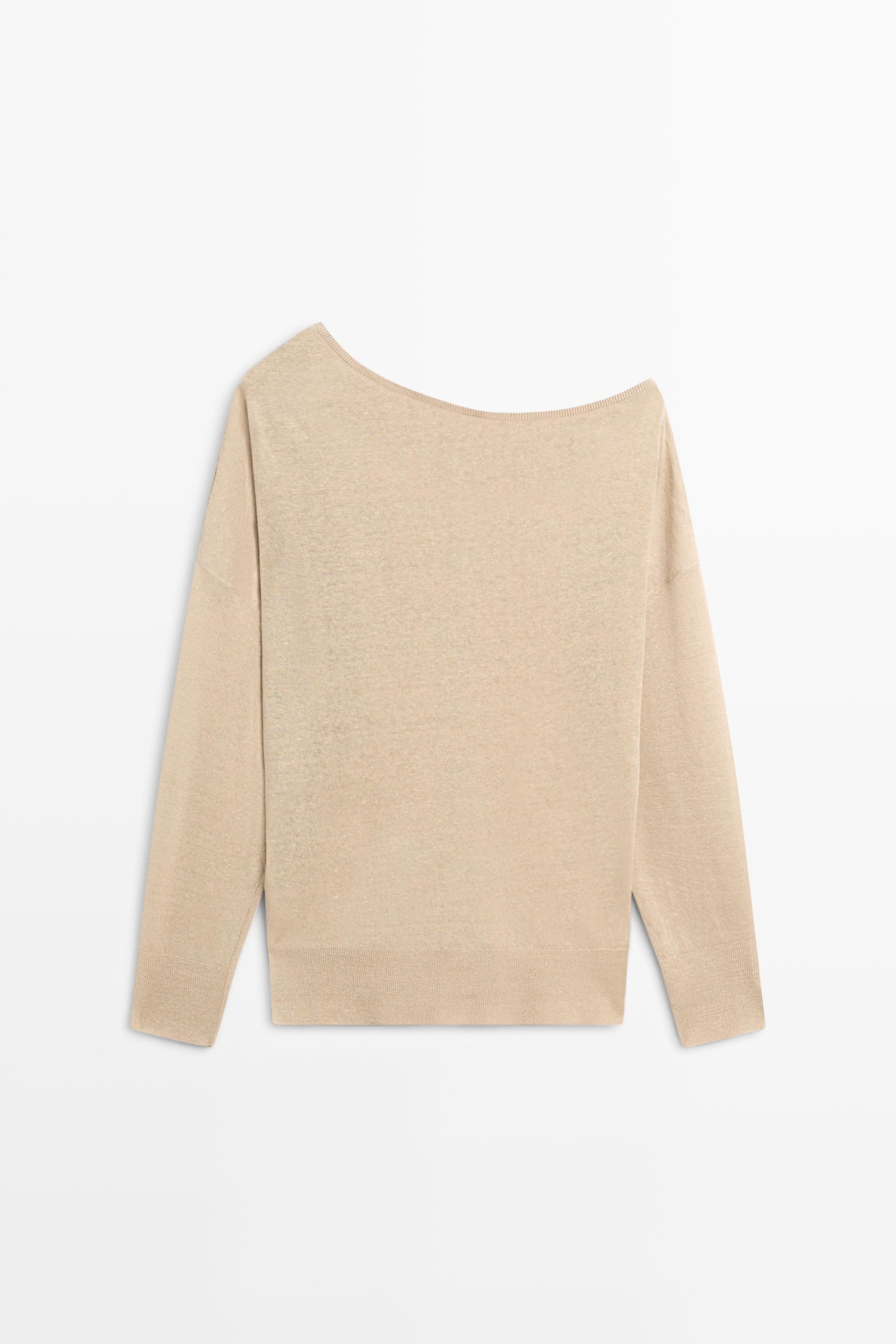 Flowing 100% linen off-the-shoulder sweater — TAUPE GREY