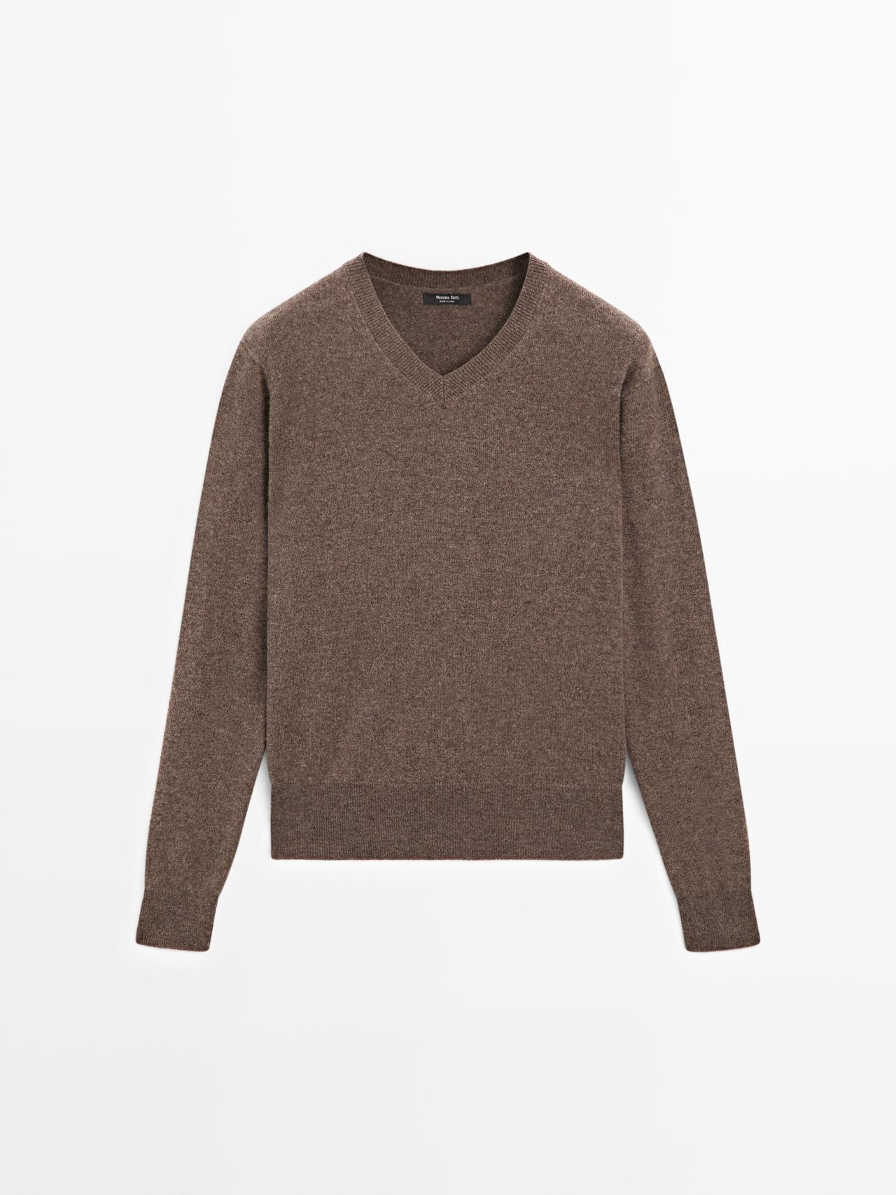 Massimo Dutti - Dame - Striktrøje I Uldblanding Med V-Udskæring - Brun - Xs