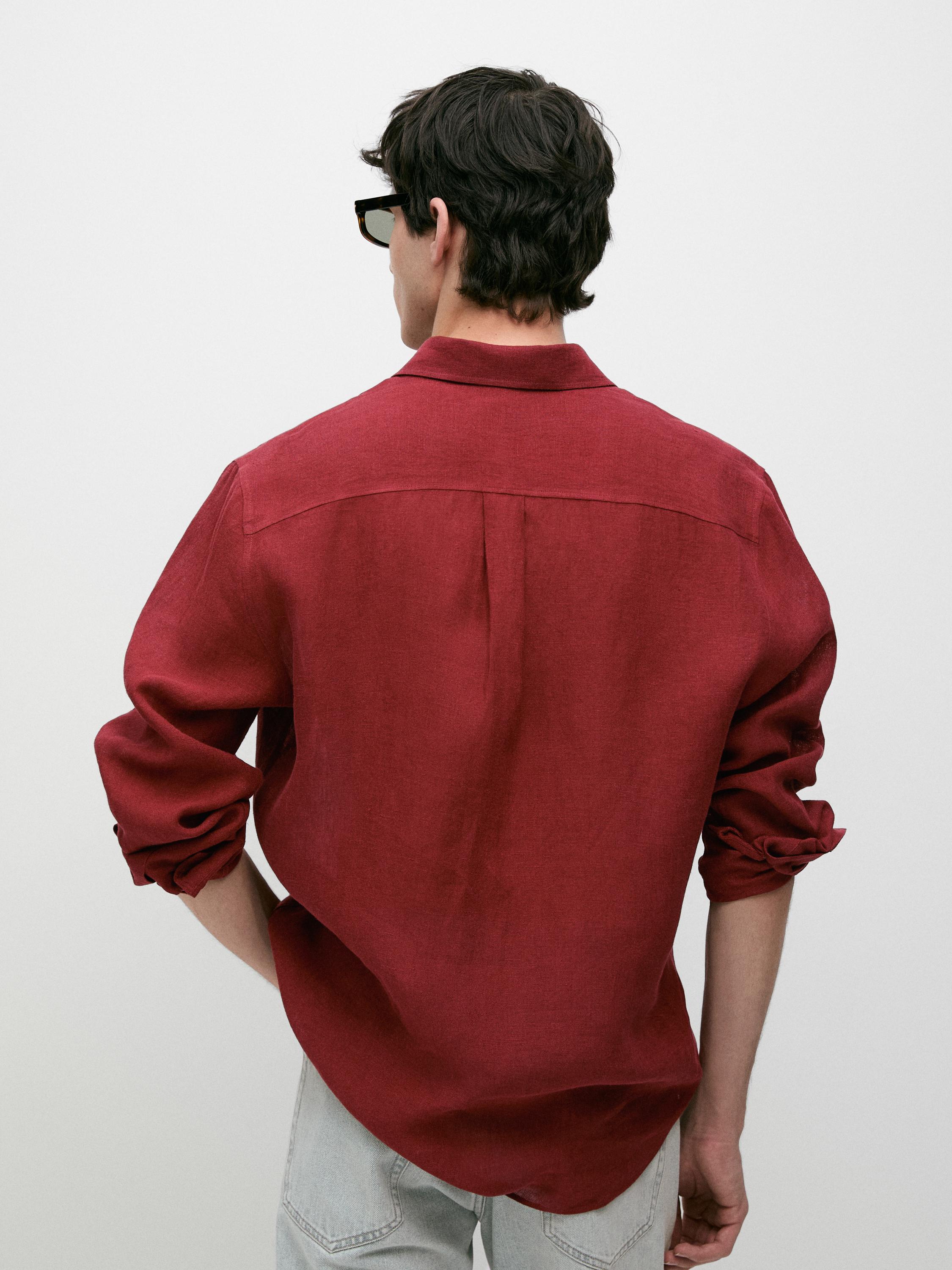 Textured 100% linen regular fit shirt — RED